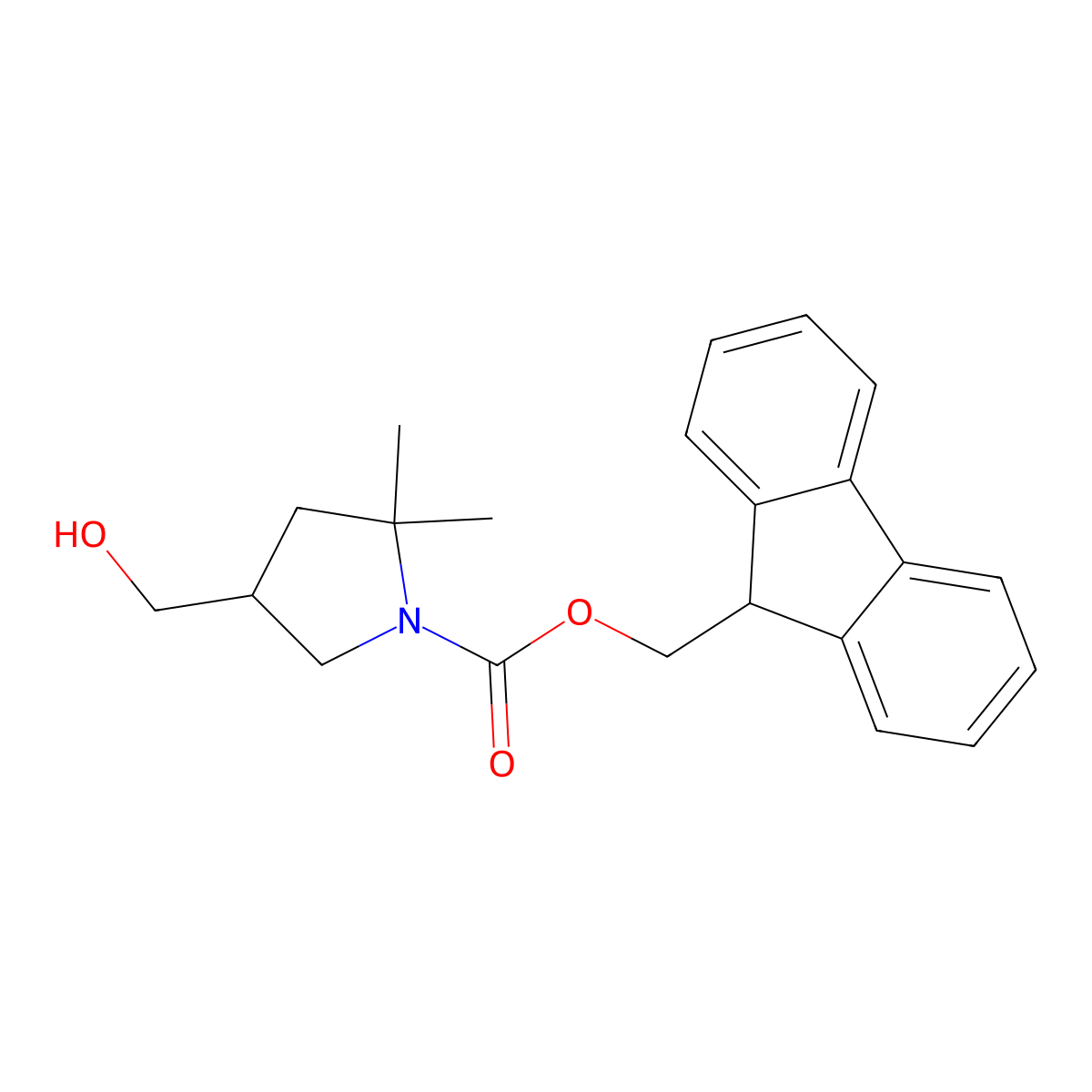 (9H-fluoren-9-yl)methyl 4-(hydroxymethyl)-2,2-dimethylpyrrolidine-1-carboxylate molecular structure, CAS 2763999-37-5