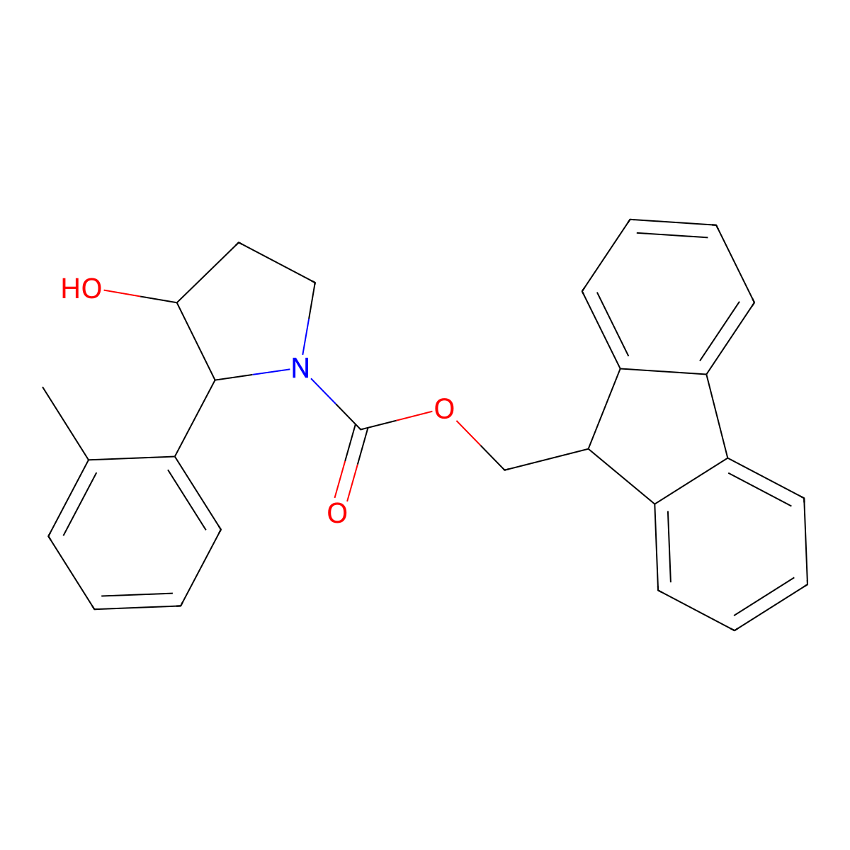 (9H-fluoren-9-yl)methyl 3-hydroxy-2-(2-methylphenyl)pyrrolidine-1-carboxylate molecular structure, CAS 2763999-42-2