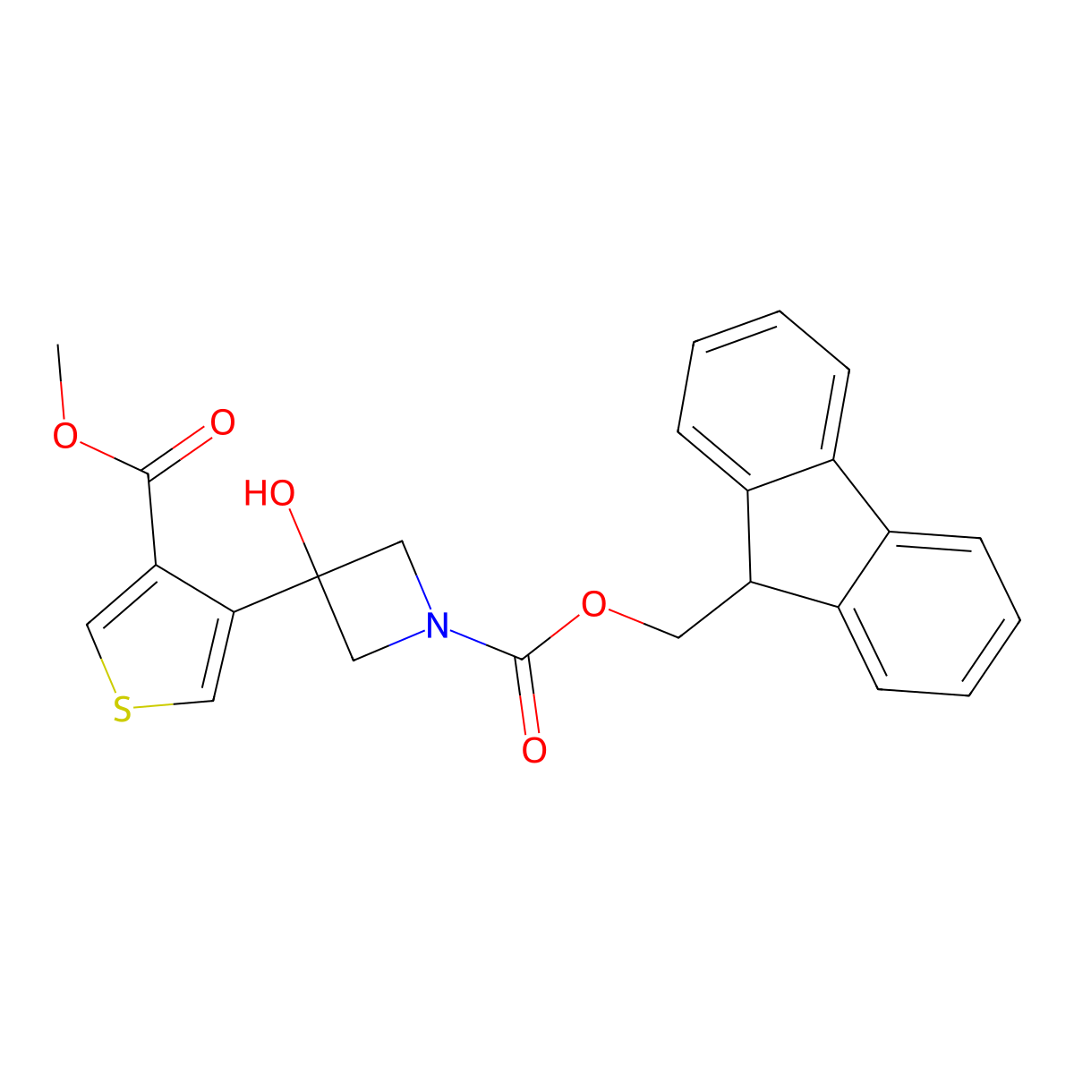 (9H-fluoren-9-yl)methyl 3-hydroxy-3-[4-(methoxycarbonyl)thiophen-3-yl]azetidine-1-carboxylate molecular structure, CAS 2763999-50-2