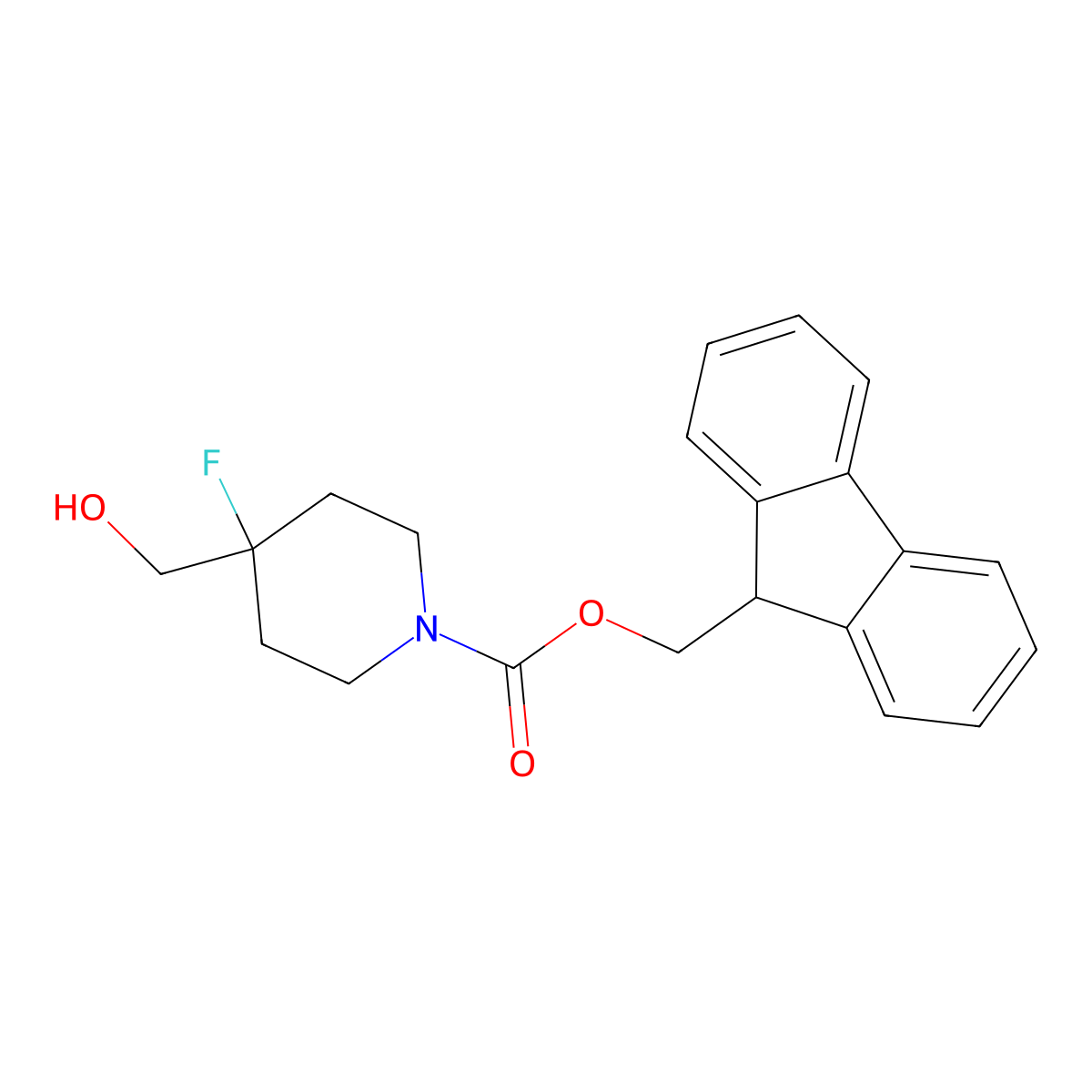 (9H-fluoren-9-yl)methyl 4-fluoro-4-(hydroxymethyl)piperidine-1-carboxylate molecular structure, CAS 2763999-55-7