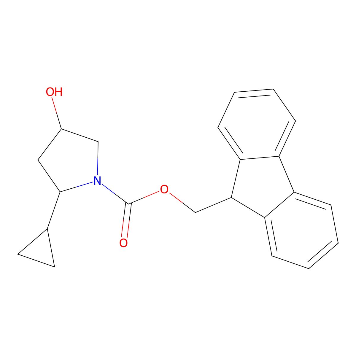 (9H-fluoren-9-yl)methyl 2-cyclopropyl-4-hydroxypyrrolidine-1-carboxylate molecular structure, CAS 2763999-70-6