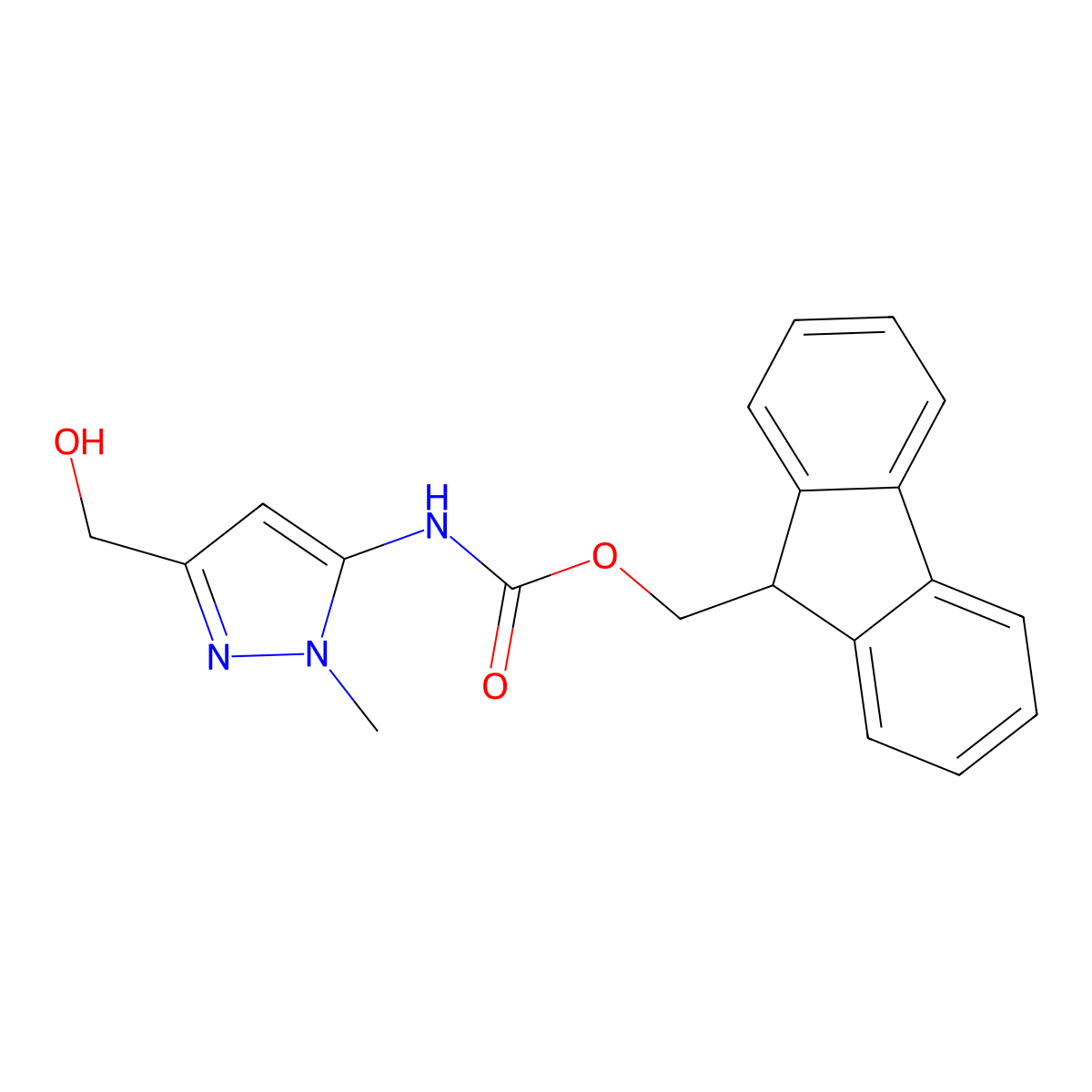 (9H-fluoren-9-yl)methyl N-[3-(hydroxymethyl)-1-methyl-1H-pyrazol-5-yl]carbamate molecular structure, CAS 2764000-95-3