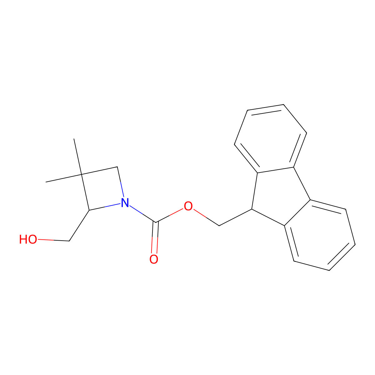 9H-fluoren-9-ylmethyl 2-(hydroxymethyl)-3,3-dimethylazetidine-1-carboxylate molecular structure, CAS 2764001-23-0
