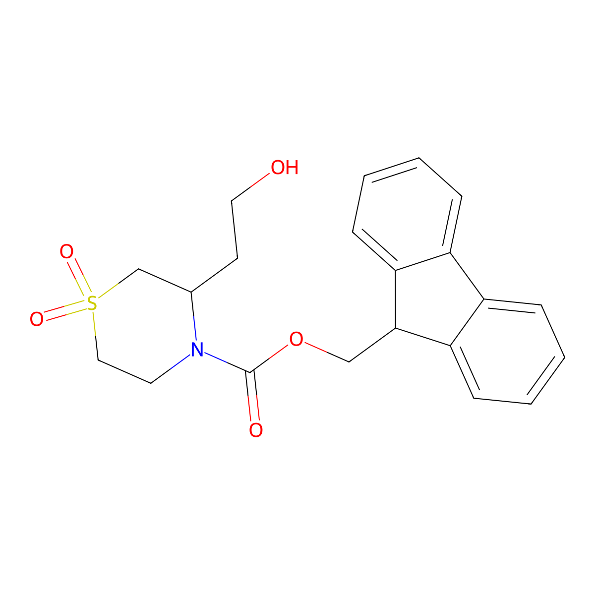 (9H-fluoren-9-yl)methyl 3-(2-hydroxyethyl)-1,1-dioxo-1lambda6-thiomorpholine-4-carboxylate molecular structure, CAS 2764001-58-1
