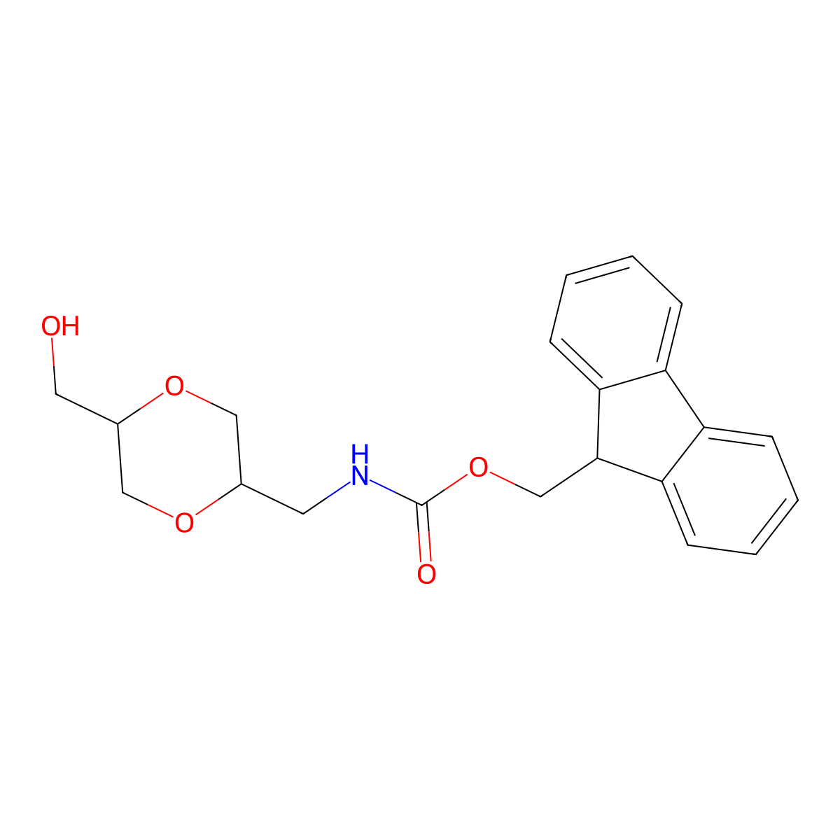 rac-(9H-fluoren-9-yl)methyl N-{[(2R,5S)-5-(hydroxymethyl)-1,4-dioxan-2-yl]methyl}carbamate molecular structure, CAS 2764002-05-1