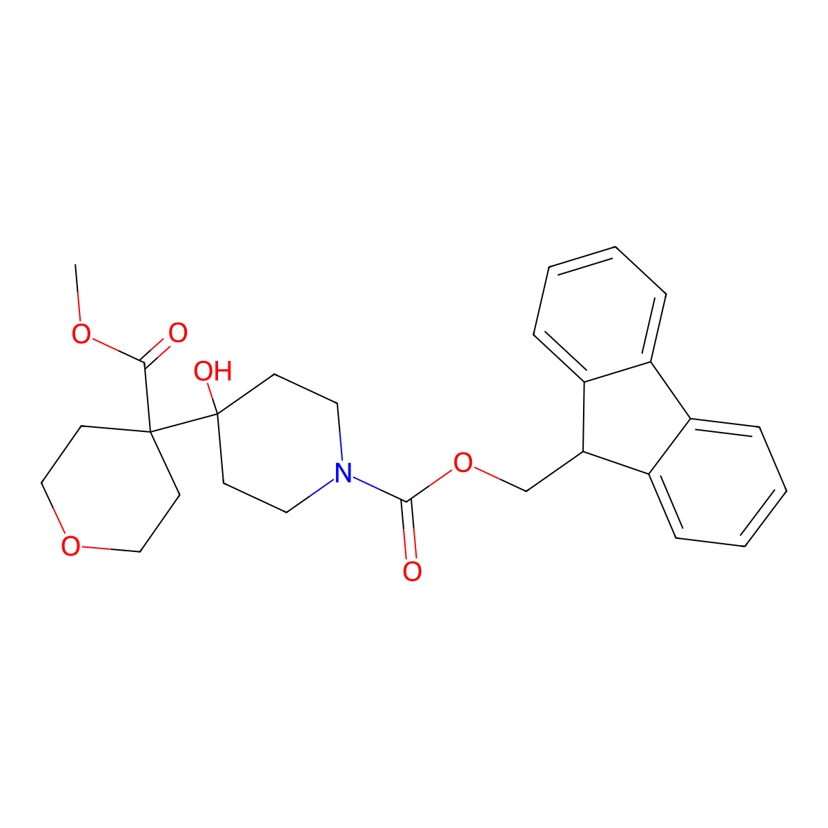 (9H-fluoren-9-yl)methyl 4-hydroxy-4-[4-(methoxycarbonyl)oxan-4-yl]piperidine-1-carboxylate molecular structure, CAS 2764002-94-8