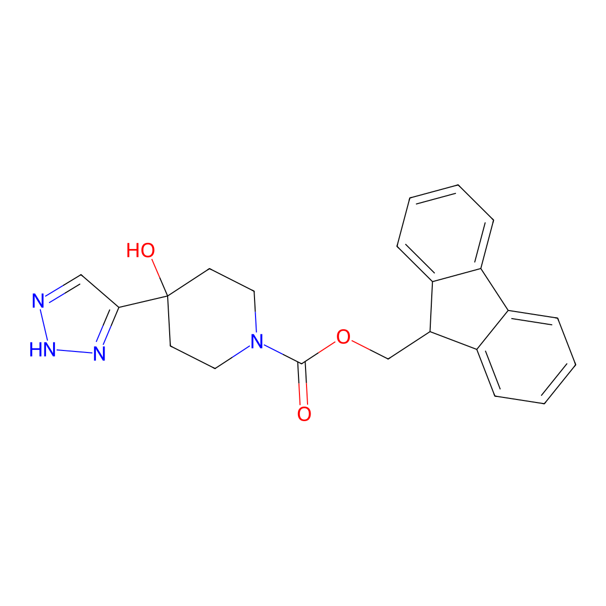 (9H-fluoren-9-yl)methyl 4-hydroxy-4-(1H-1,2,3-triazol-4-yl)piperidine-1-carboxylate molecular structure, CAS 2764003-02-1