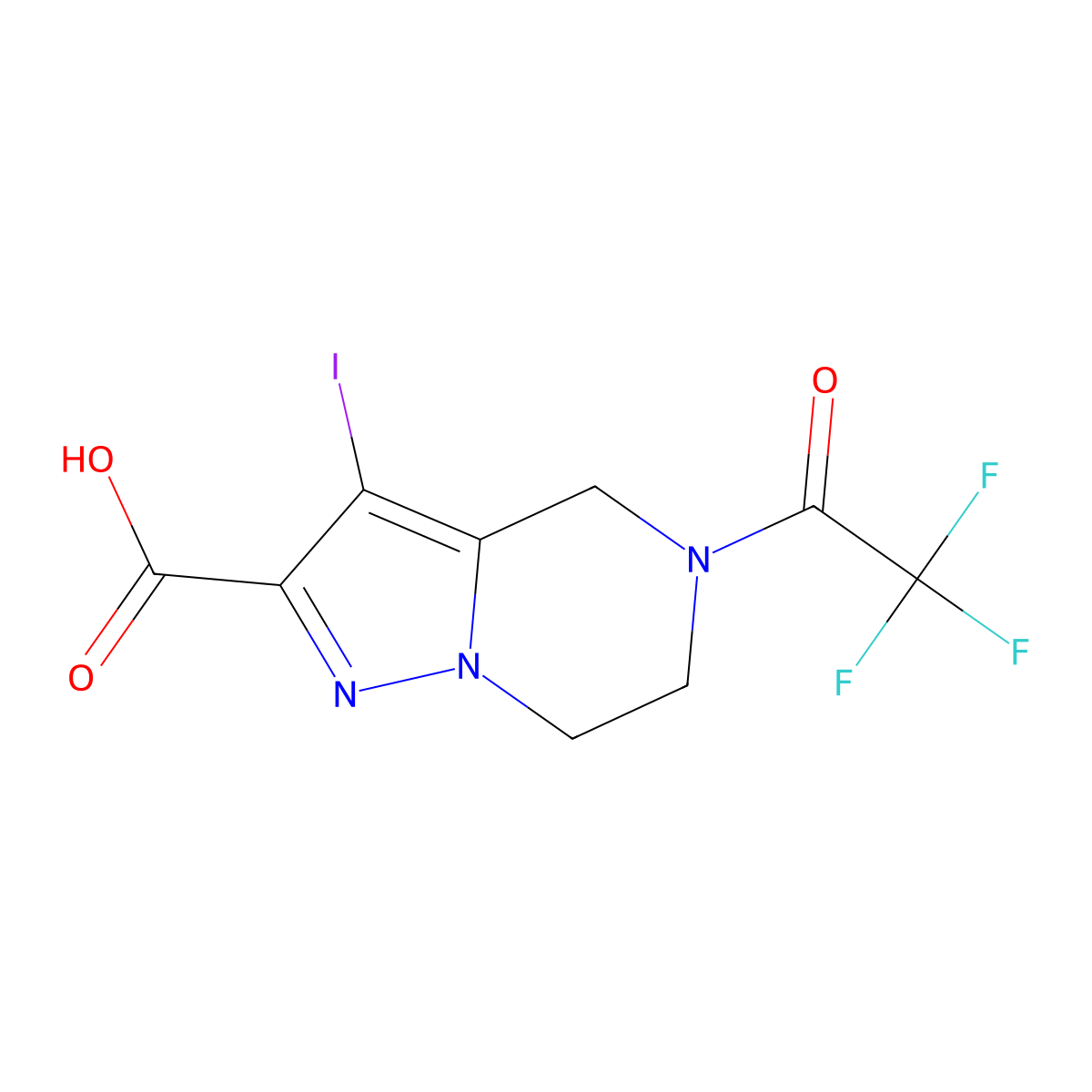 3-iodo-5-(2,2,2-trifluoroacetyl)-4H,5H,6H,7H-pyrazolo[1,5-a]pyrazine-2-carboxylic acid molecular structure, CAS 2764003-04-3