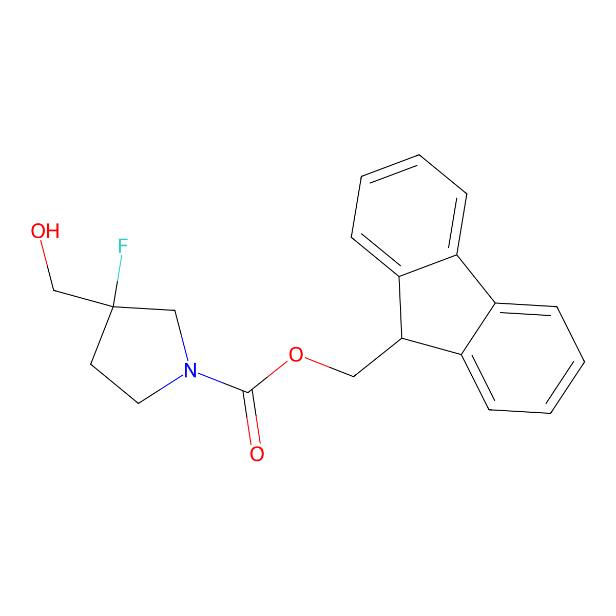 (9H-fluoren-9-yl)methyl 3-fluoro-3-(hydroxymethyl)pyrrolidine-1-carboxylate molecular structure, CAS 2764003-52-1
