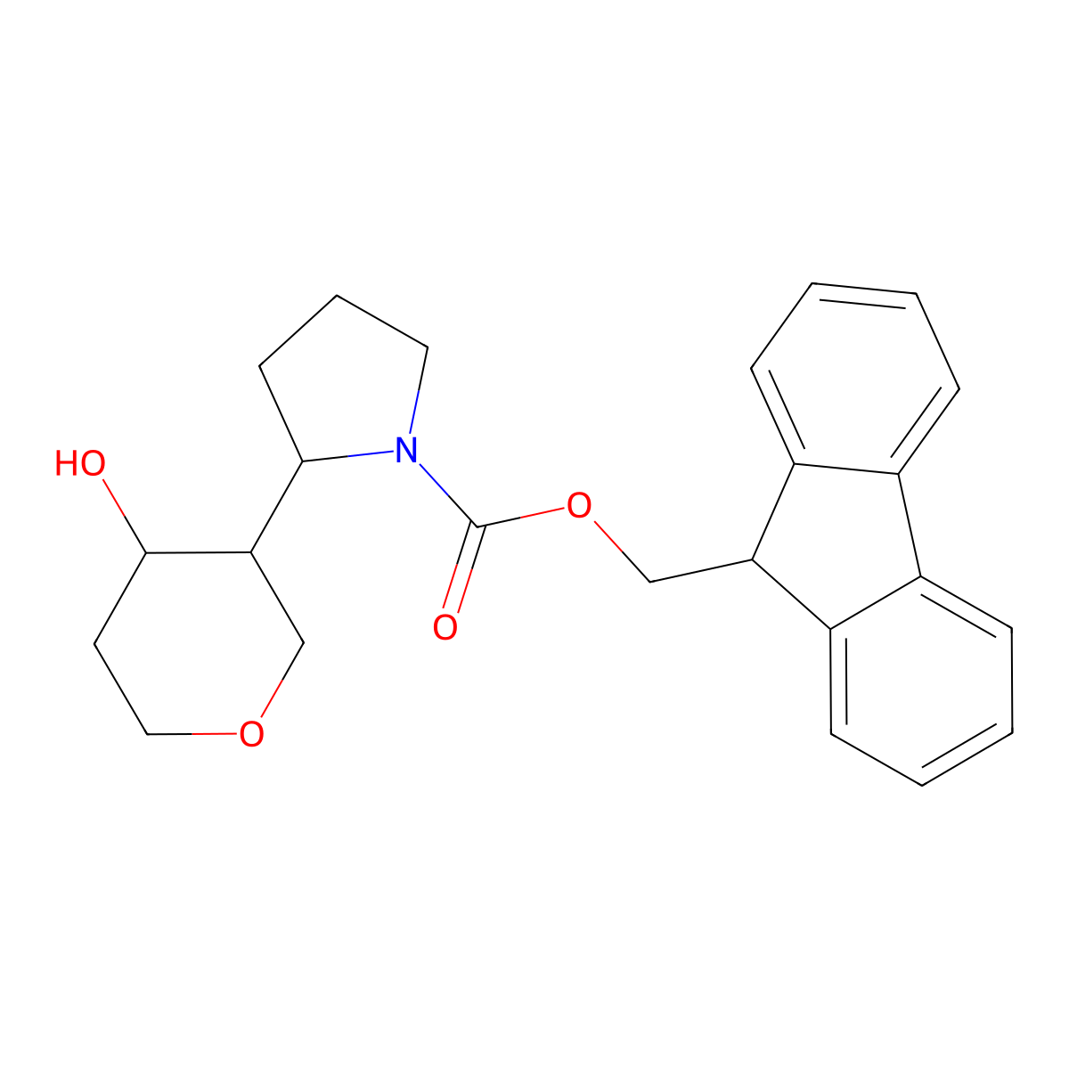 (9H-fluoren-9-yl)methyl 2-(4-hydroxyoxan-3-yl)pyrrolidine-1-carboxylate molecular structure, CAS 2764003-63-4