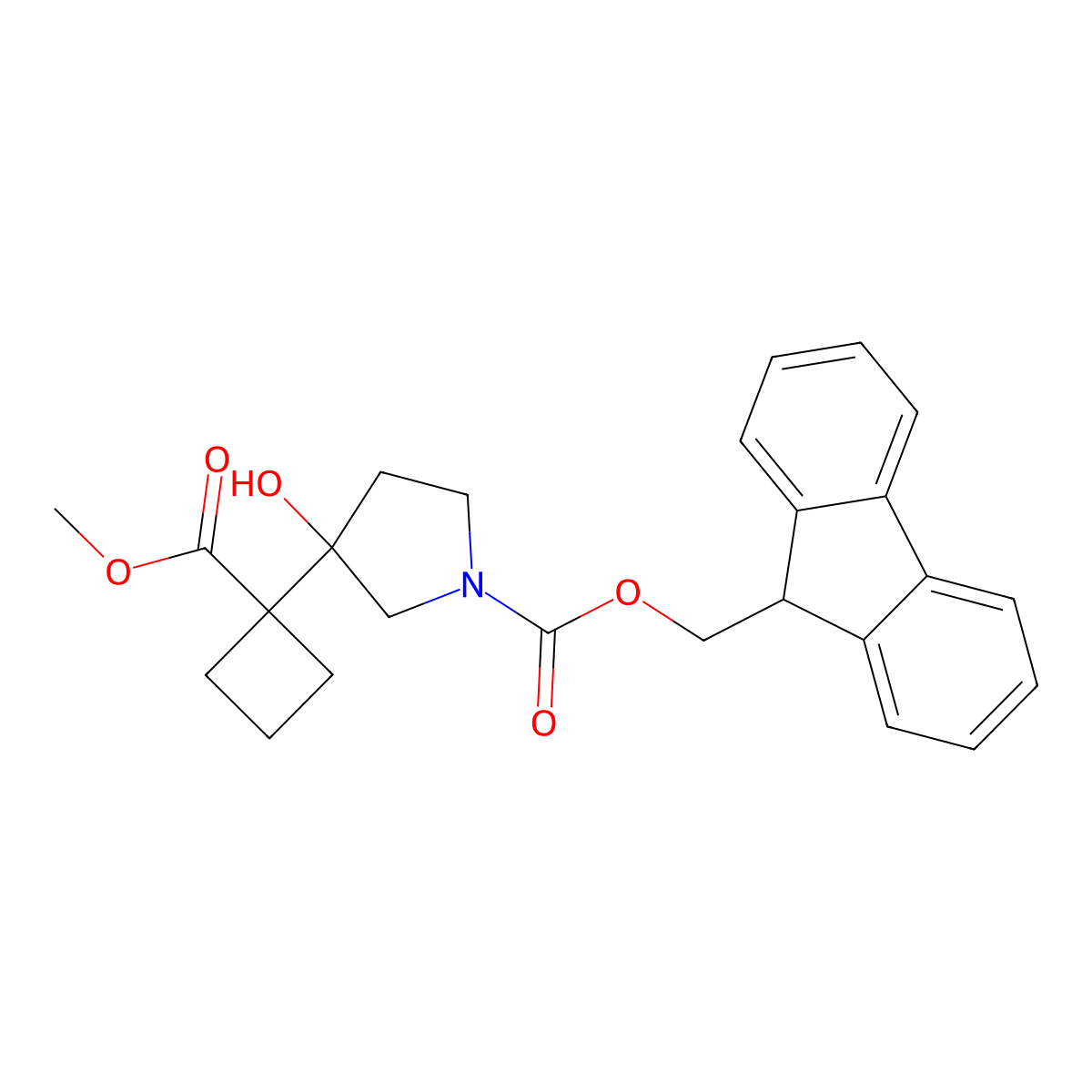 (9H-fluoren-9-yl)methyl 3-hydroxy-3-[1-(methoxycarbonyl)cyclobutyl]pyrrolidine-1-carboxylate molecular structure, CAS 2764003-74-7