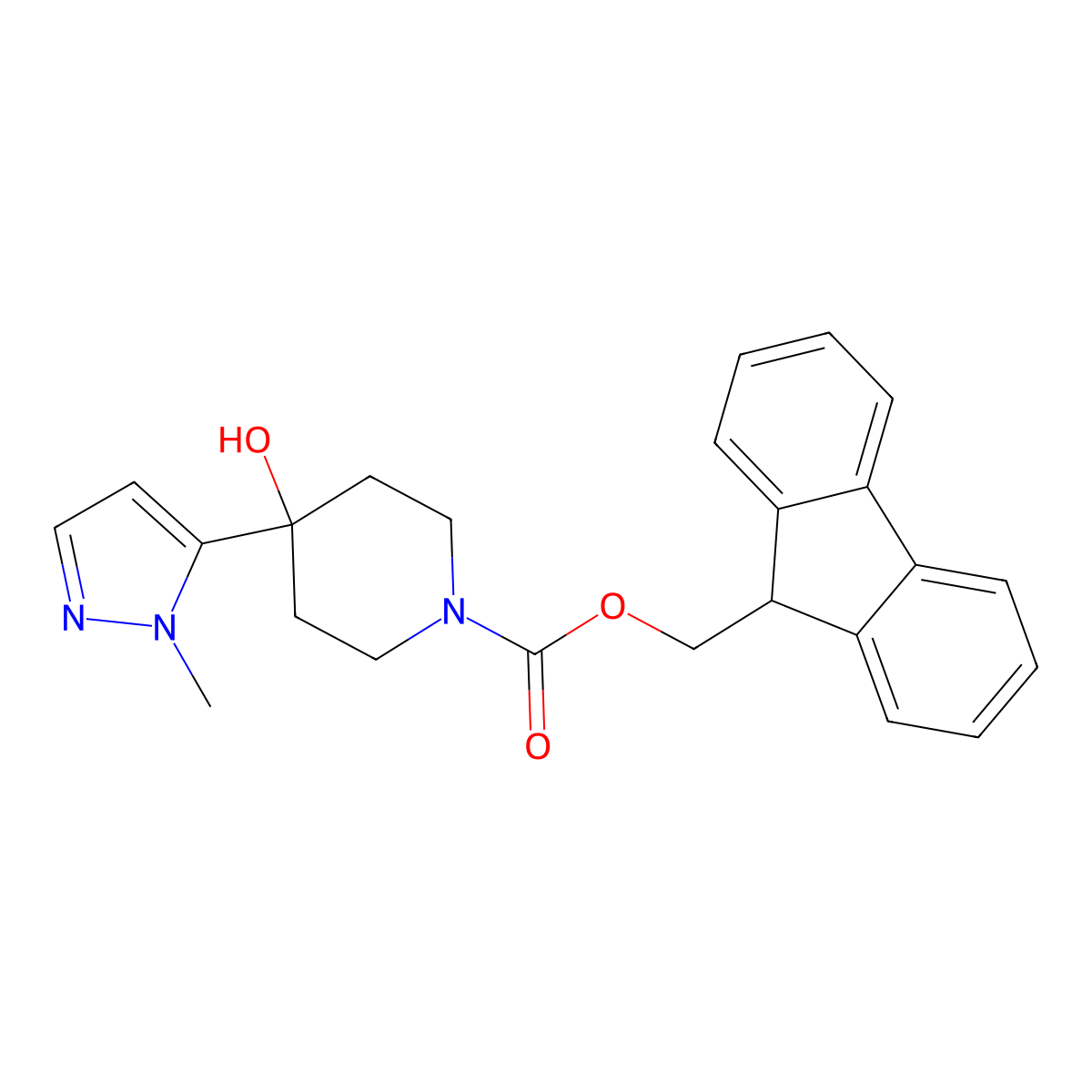 (9H-fluoren-9-yl)methyl 4-hydroxy-4-(1-methyl-1H-pyrazol-5-yl)piperidine-1-carboxylate molecular structure, CAS 2764004-15-9
