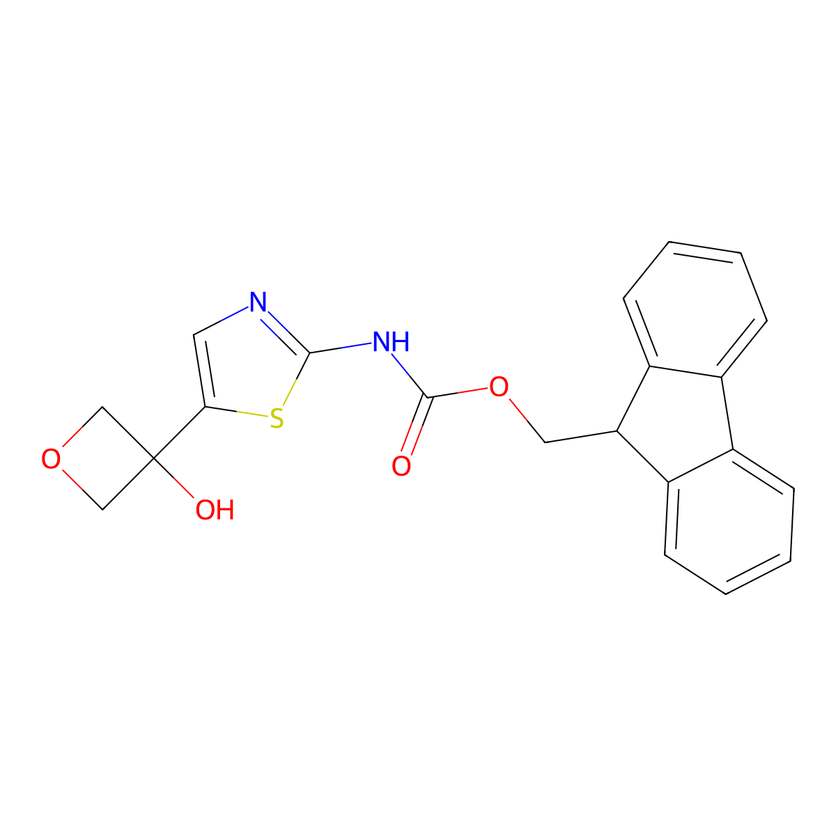 (9H-fluoren-9-yl)methyl N-[5-(3-hydroxyoxetan-3-yl)-1,3-thiazol-2-yl]carbamate molecular structure, CAS 2764004-32-0