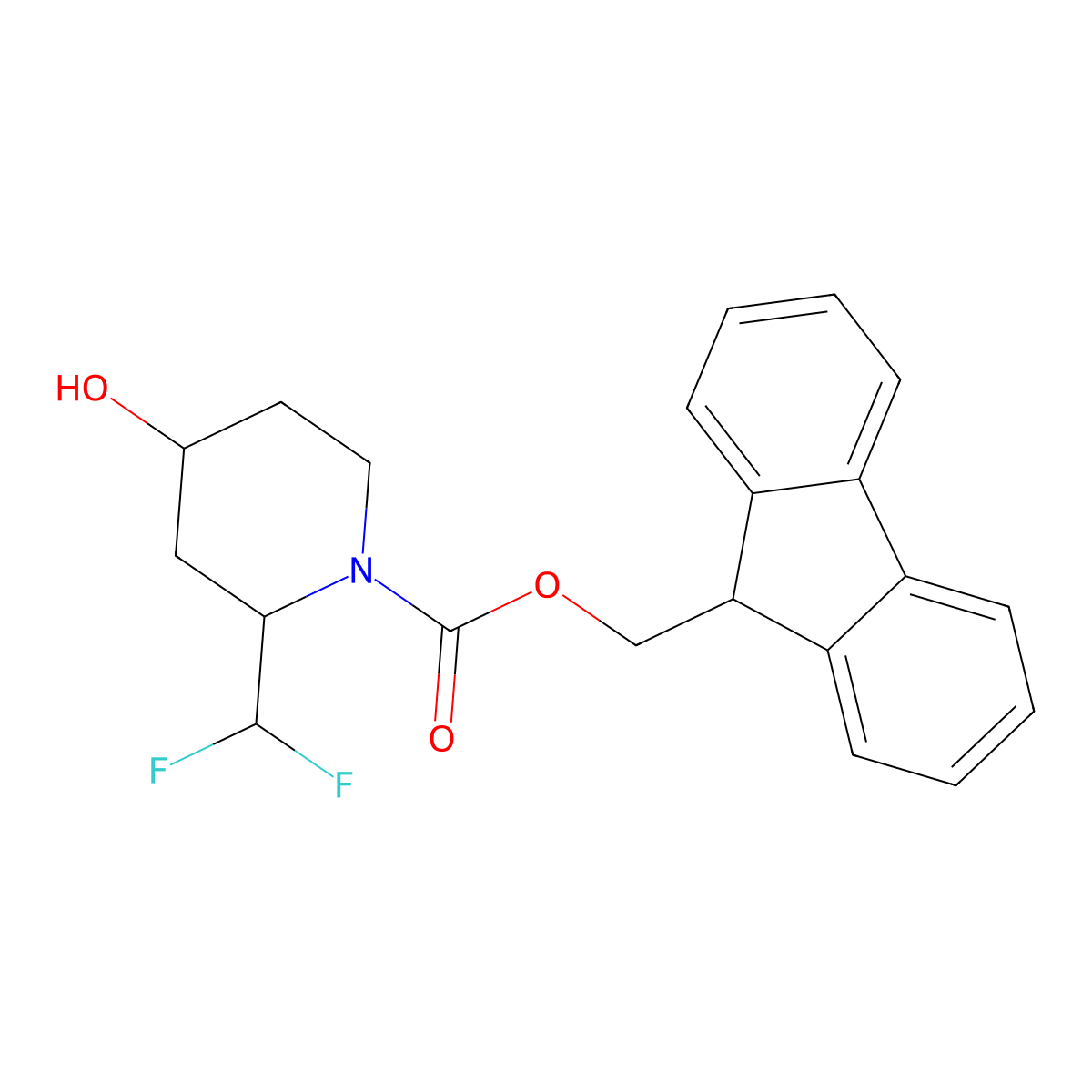 (9H-fluoren-9-yl)methyl 2-(difluoromethyl)-4-hydroxypiperidine-1-carboxylate molecular structure, CAS 2764004-36-4