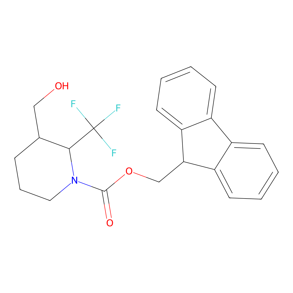 rac-(9H-fluoren-9-yl)methyl (2R,3S)-3-(hydroxymethyl)-2-(trifluoromethyl)piperidine-1-carboxylate molecular structure, CAS 2764005-36-7