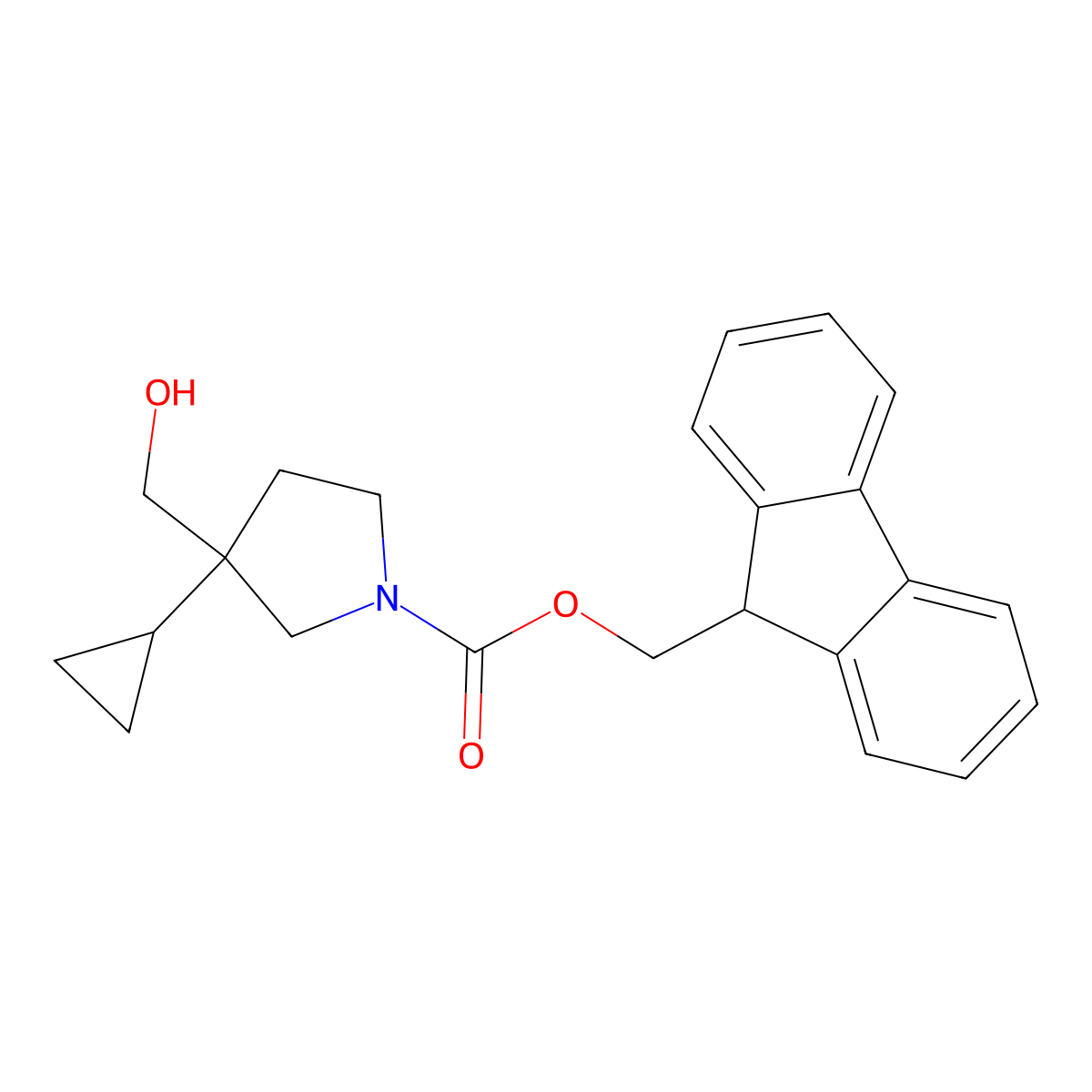 (9H-fluoren-9-yl)methyl 3-cyclopropyl-3-(hydroxymethyl)pyrrolidine-1-carboxylate molecular structure, CAS 2764005-53-8