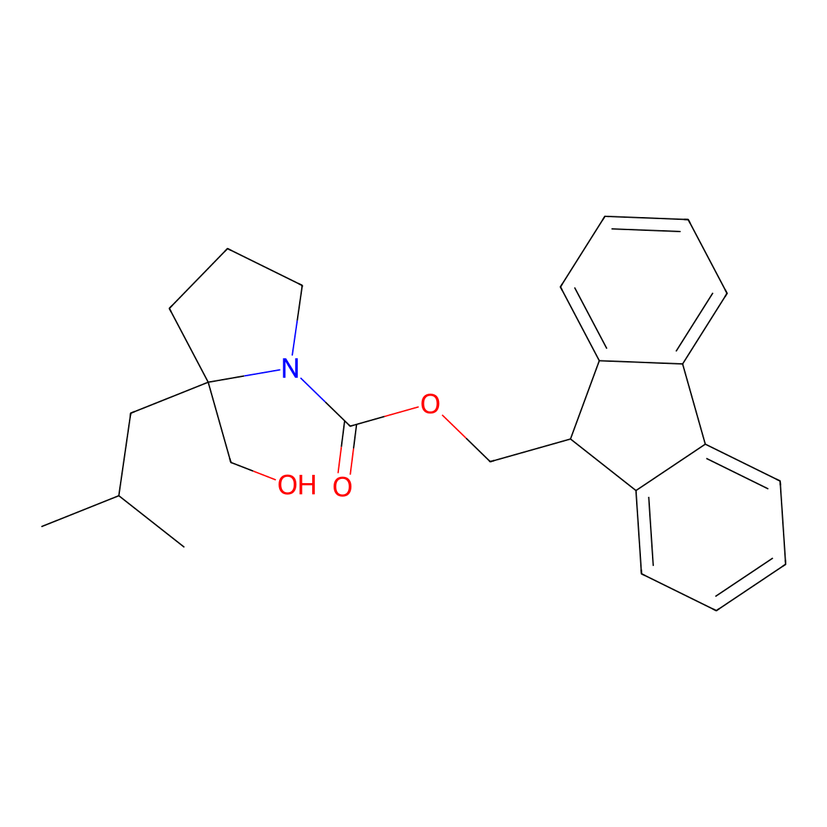(9H-fluoren-9-yl)methyl 2-(hydroxymethyl)-2-(2-methylpropyl)pyrrolidine-1-carboxylate molecular structure, CAS 2764005-80-1