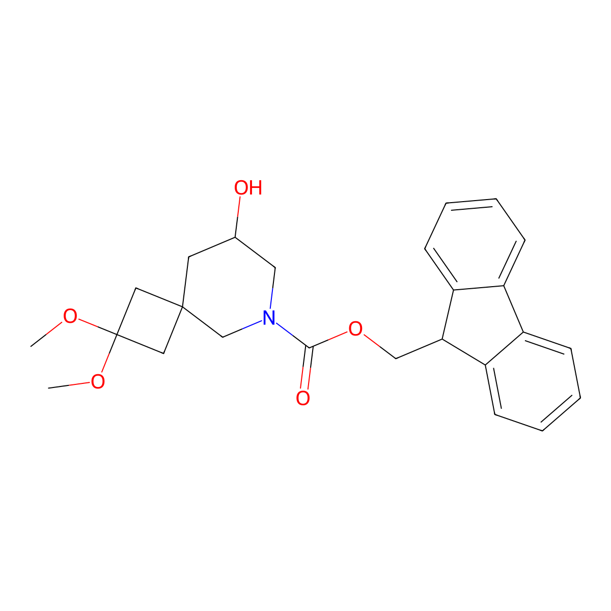 (9H-fluoren-9-yl)methyl 8-hydroxy-2,2-dimethoxy-6-azaspiro[3.5]nonane-6-carboxylate molecular structure, CAS 2764006-38-2