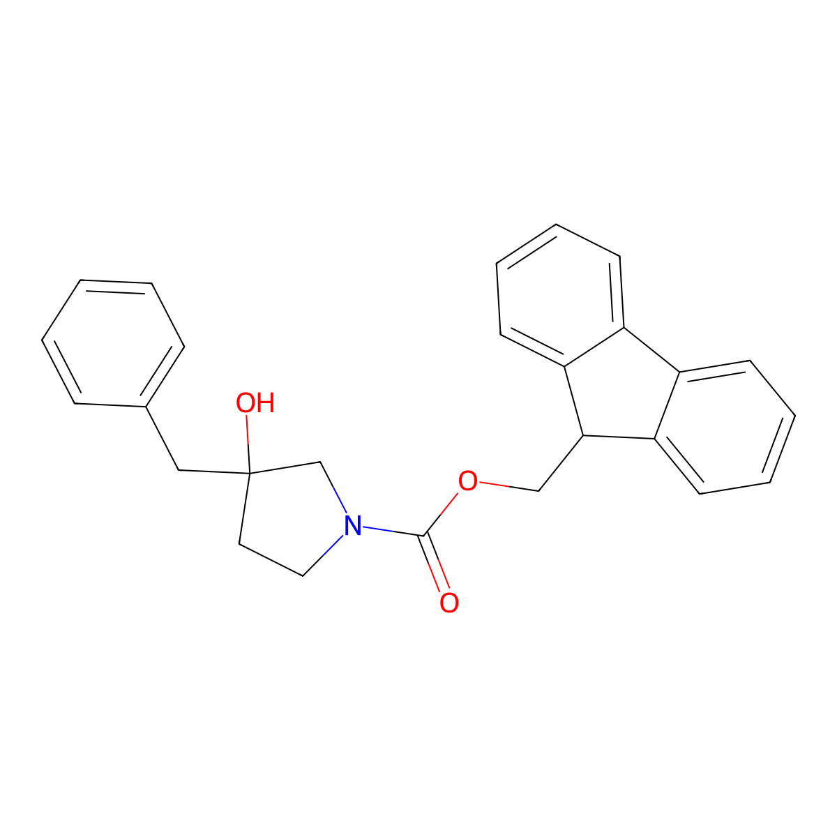 (9H-fluoren-9-yl)methyl 3-benzyl-3-hydroxypyrrolidine-1-carboxylate molecular structure, CAS 2764006-61-1