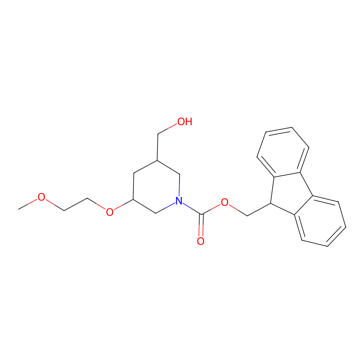 (9H-fluoren-9-yl)methyl 3-(hydroxymethyl)-5-(2-methoxyethoxy)piperidine-1-carboxylate molecular structure, CAS 2764006-70-2