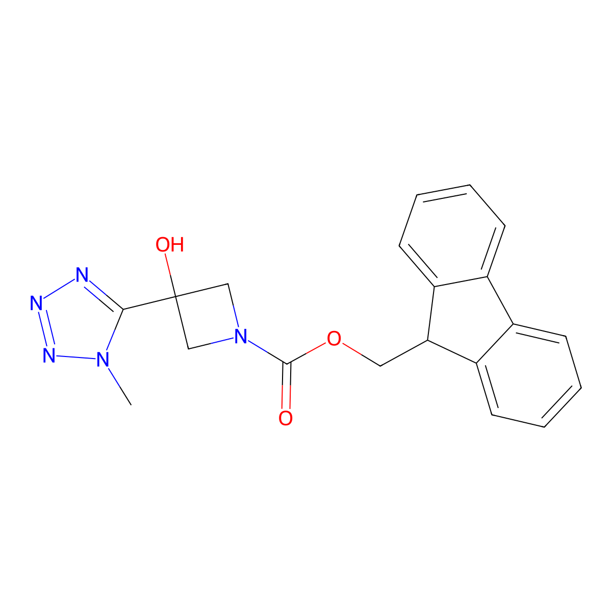 (9H-fluoren-9-yl)methyl 3-hydroxy-3-(1-methyl-1H-1,2,3,4-tetrazol-5-yl)azetidine-1-carboxylate molecular structure, CAS 2764006-97-3