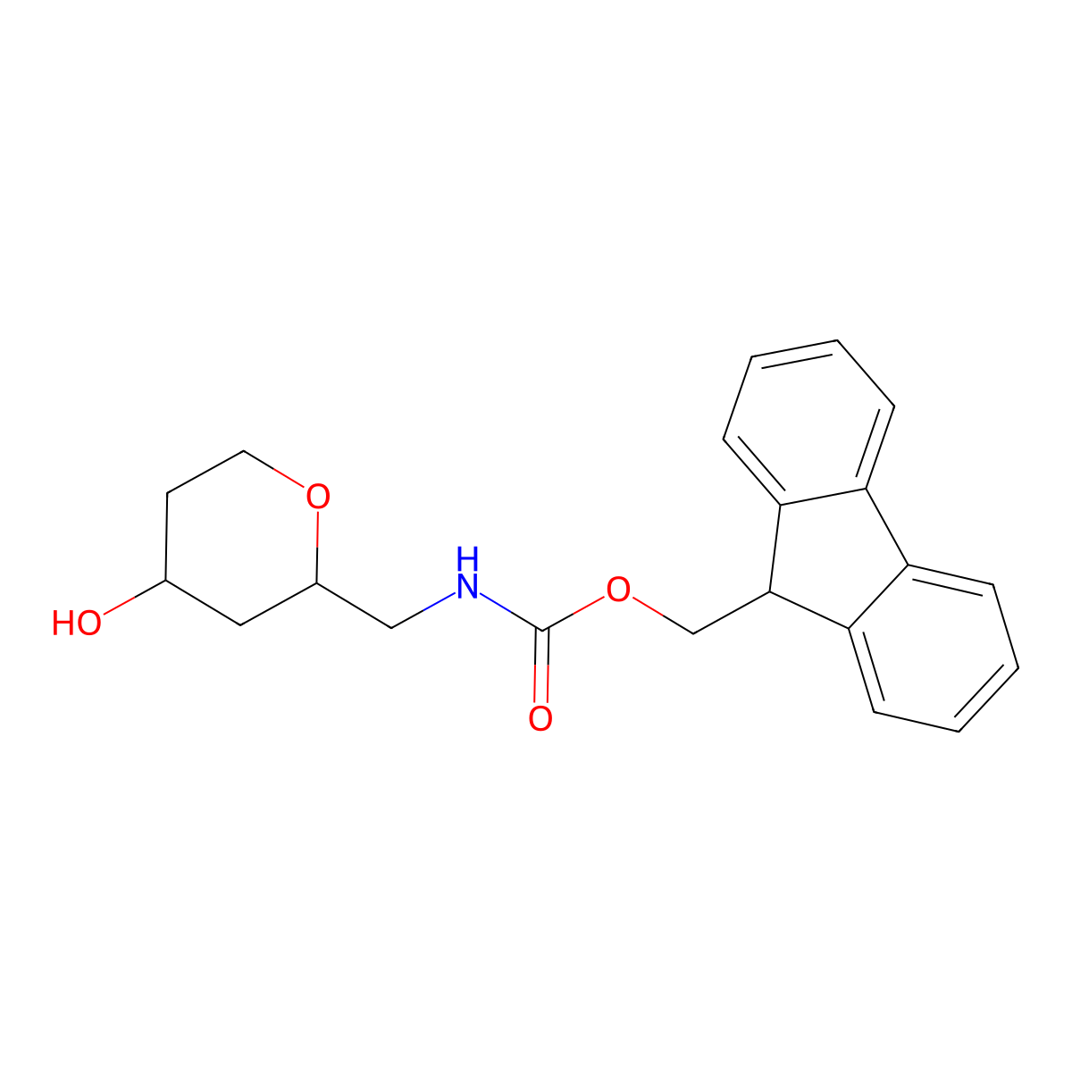 rac-(9H-fluoren-9-yl)methyl N-{[(2R,4S)-4-hydroxyoxan-2-yl]methyl}carbamate molecular structure, CAS 2764006-99-5