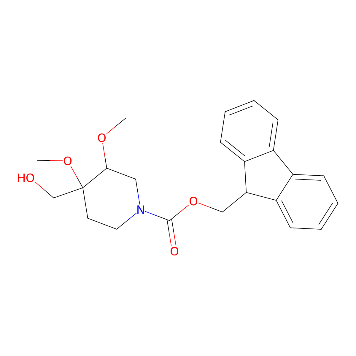 rac-(9H-fluoren-9-yl)methyl (3R,4R)-4-(hydroxymethyl)-3,4-dimethoxypiperidine-1-carboxylate molecular structure, CAS 2764007-44-3