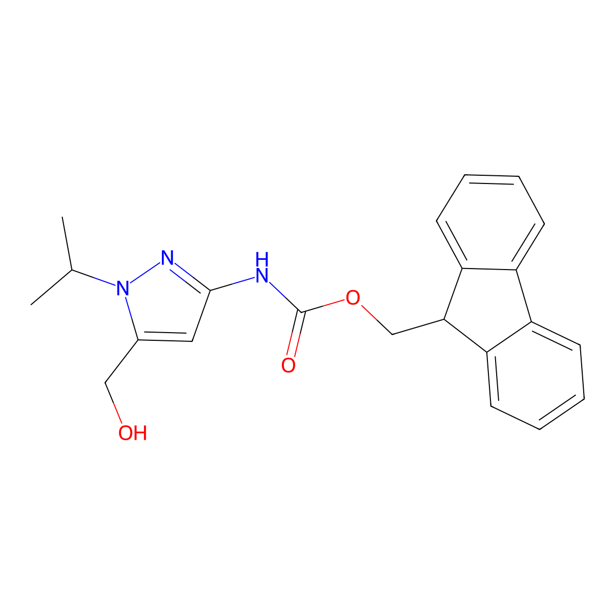 (9H-fluoren-9-yl)methyl N-[5-(hydroxymethyl)-1-(propan-2-yl)-1H-pyrazol-3-yl]carbamate molecular structure, CAS 2764007-45-4