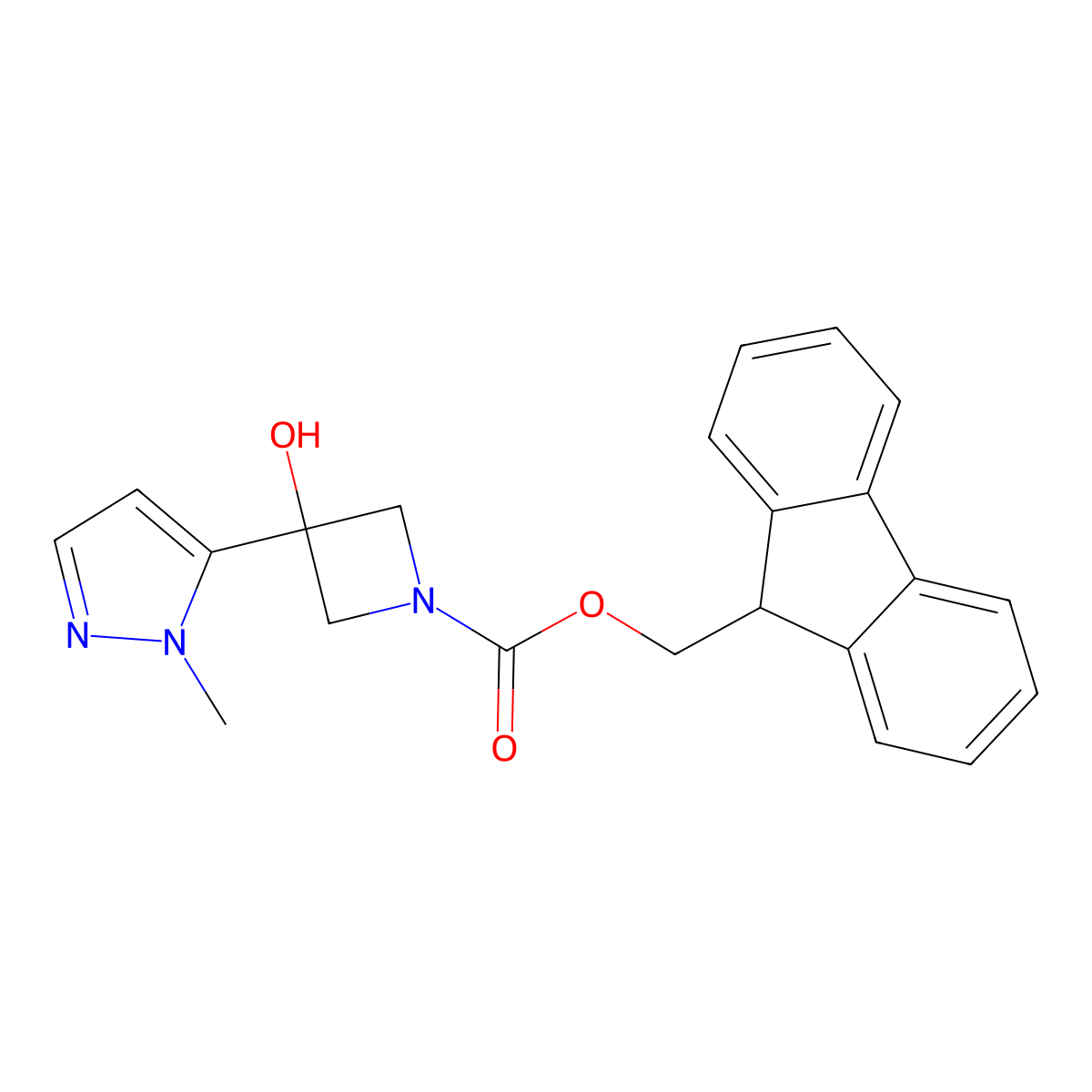 (9H-fluoren-9-yl)methyl 3-hydroxy-3-(1-methyl-1H-pyrazol-5-yl)azetidine-1-carboxylate molecular structure, CAS 2764008-23-1