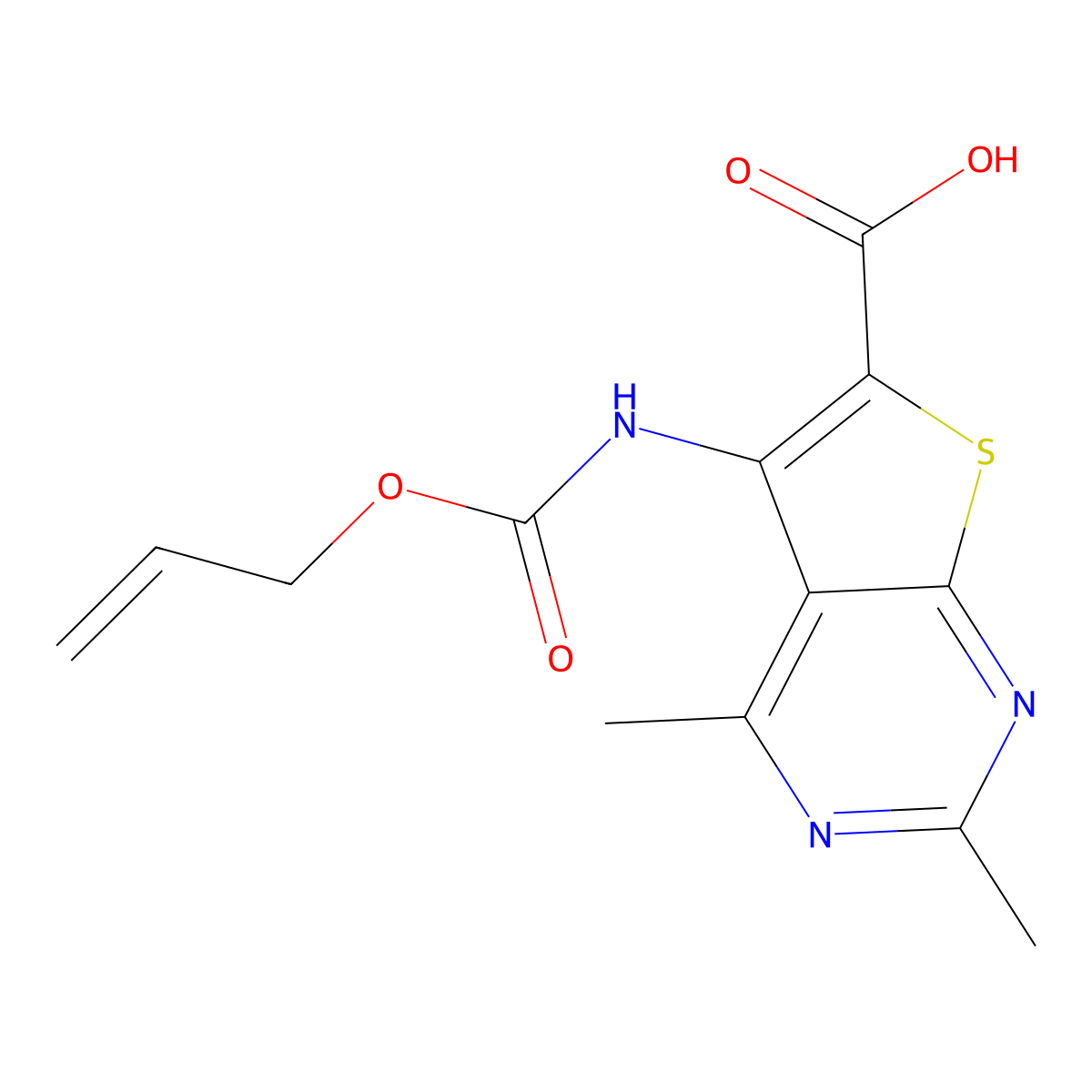 2,4-Dimethyl-5-{[(prop-2-en-1-yloxy)carbonyl]amino}thieno[2,3-d]pyrimidine-6-carboxylic acid molecular structure, CAS 2764009-37-0