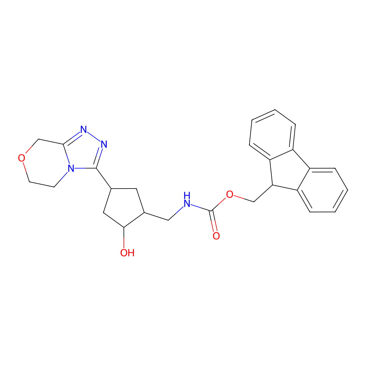 rac-(9H-fluoren-9-yl)methyl N-{[(1R,2R,4S)-2-hydroxy-4-{5H,6H,8H-[1,2,4]triazolo[3,4-c][1,4]oxazin-3-yl}cyclopentyl]methyl}carbamate molecular structure, CAS 2764009-47-2