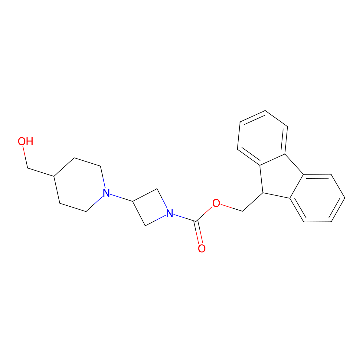 (9H-fluoren-9-yl)methyl 3-[4-(hydroxymethyl)piperidin-1-yl]azetidine-1-carboxylate molecular structure, CAS 2764009-73-4