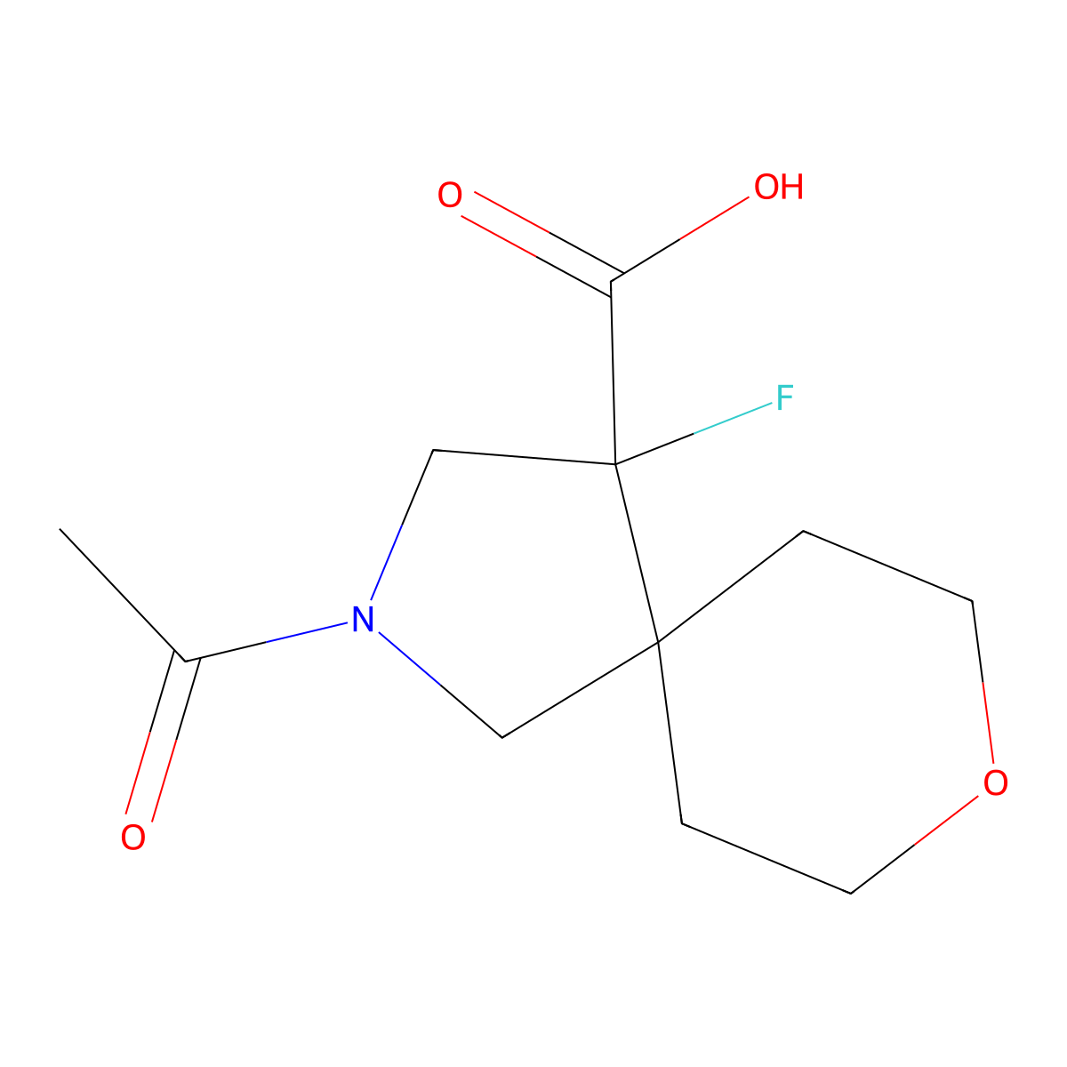 2-Acetyl-4-fluoro-8-oxa-2-azaspiro[4.5]decane-4-carboxylic acid molecular structure, CAS 2764009-92-7