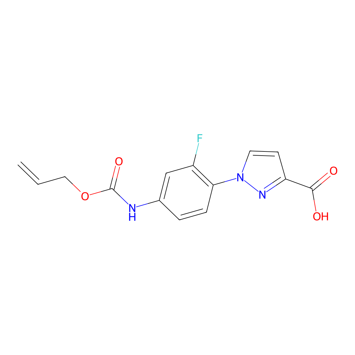 1-(2-fluoro-4-{[(prop-2-en-1-yloxy)carbonyl]amino}phenyl)-1H-pyrazole-3-carboxylic acid molecular structure, CAS 2764010-35-5
