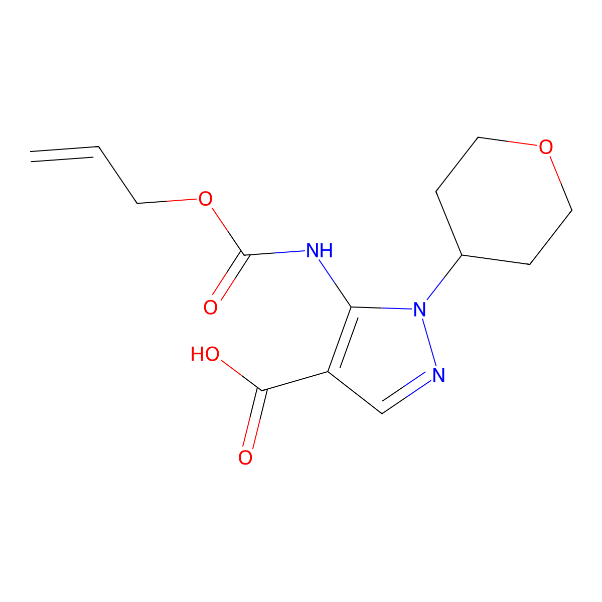 1-(oxan-4-yl)-5-{[(prop-2-en-1-yloxy)carbonyl]amino}-1H-pyrazole-4-carboxylic acid molecular structure, CAS 2764010-42-4