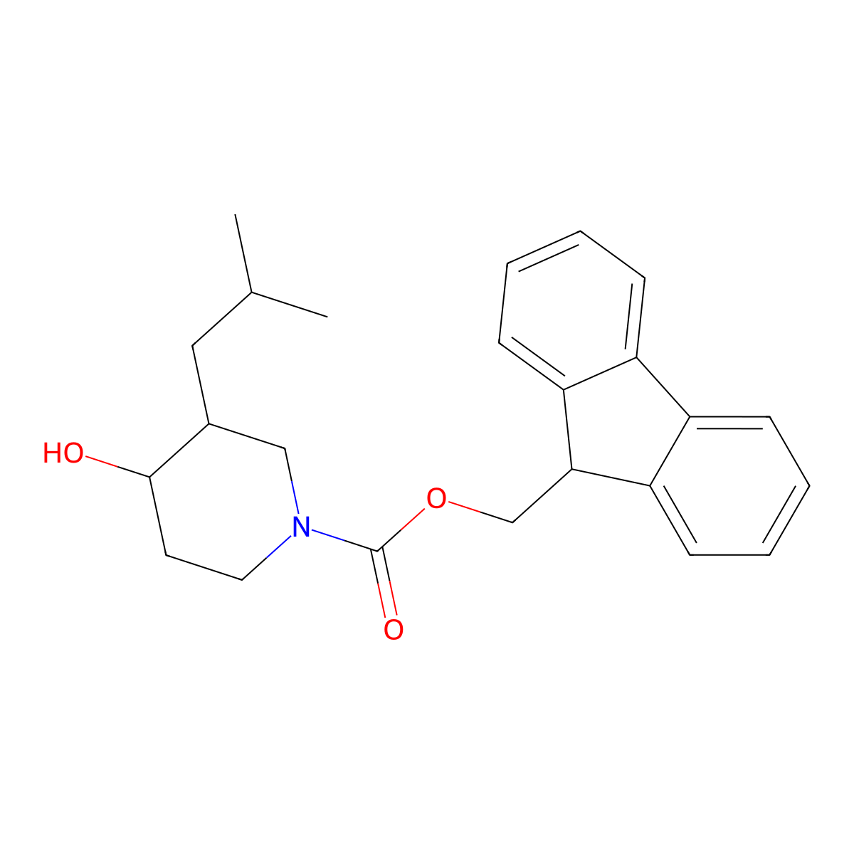 (9H-fluoren-9-yl)methyl 4-hydroxy-3-(2-methylpropyl)piperidine-1-carboxylate molecular structure, CAS 2764010-59-3