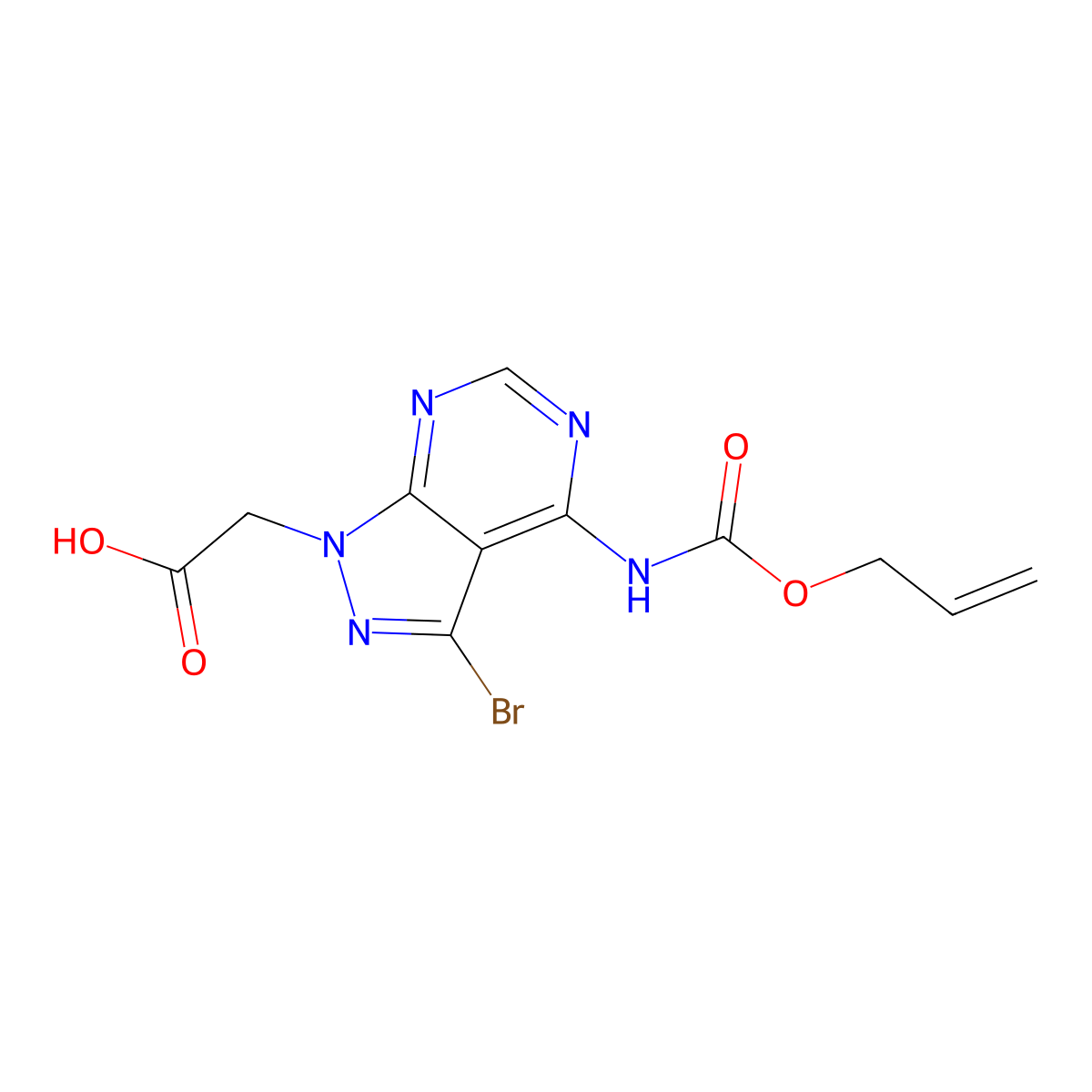 2-(3-bromo-4-{[(prop-2-en-1-yloxy)carbonyl]amino}-1H-pyrazolo[3,4-d]pyrimidin-1-yl)acetic acid molecular structure, CAS 2764010-80-0