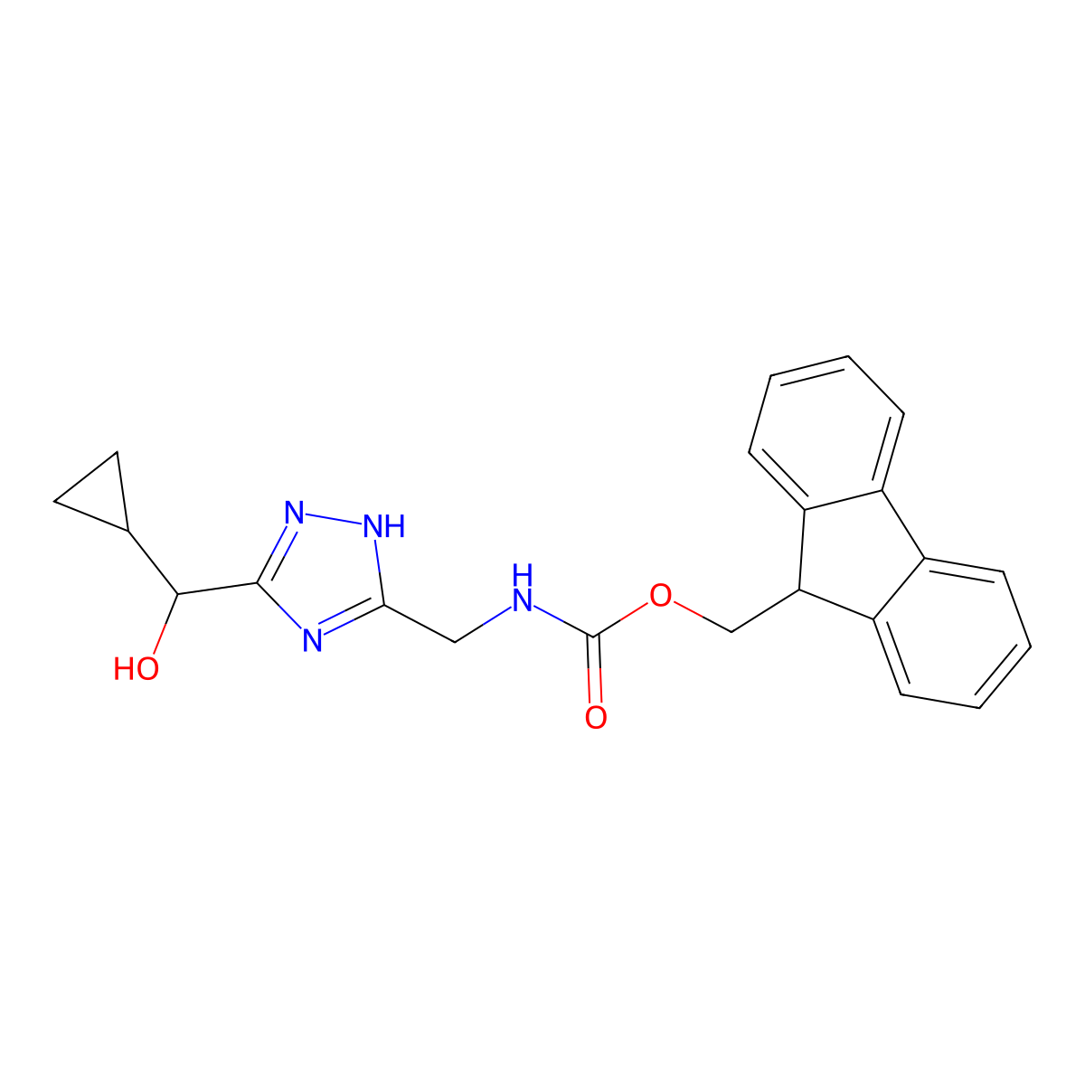 (9H-fluoren-9-yl)methyl N-({3-[cyclopropyl(hydroxy)methyl]-1H-1,2,4-triazol-5-yl}methyl)carbamate molecular structure, CAS 2764010-90-2