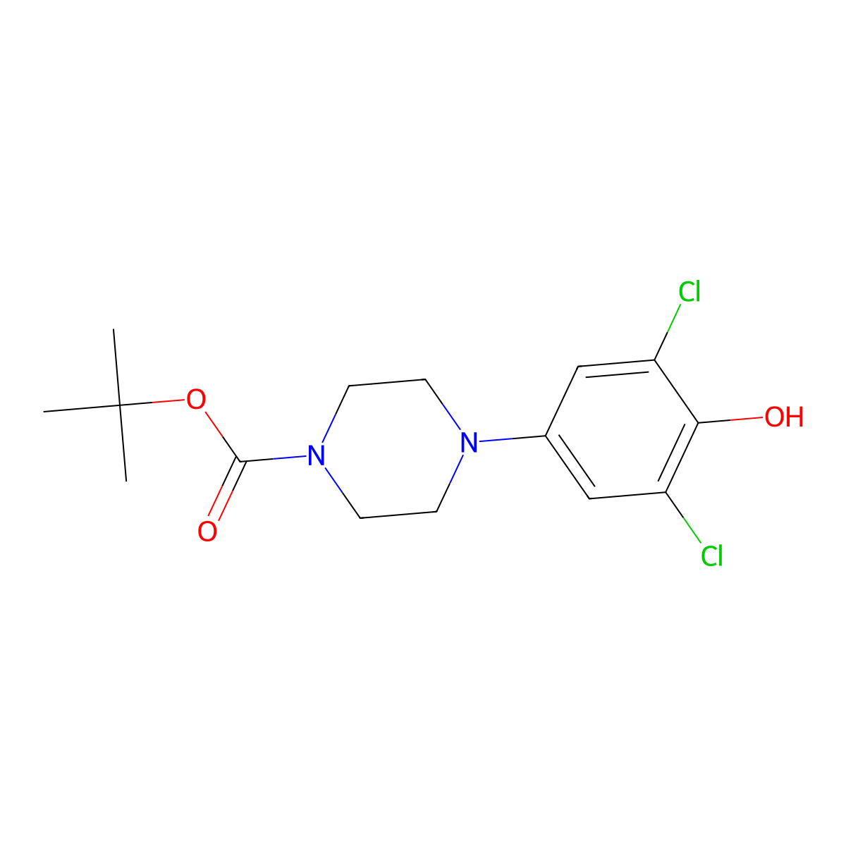 Tert-butyl 4-(3,5-dichloro-4-hydroxyphenyl)piperazine-1-carboxylate molecular structure, CAS 2764011-10-9
