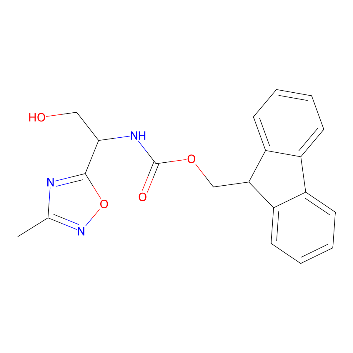 (9H-fluoren-9-yl)methyl N-[2-hydroxy-1-(3-methyl-1,2,4-oxadiazol-5-yl)ethyl]carbamate molecular structure, CAS 2764011-42-7