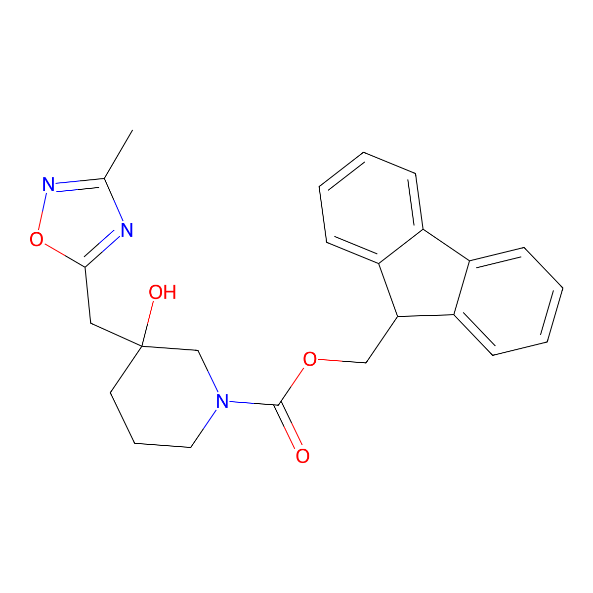 (9H-fluoren-9-yl)methyl 3-hydroxy-3-[(3-methyl-1,2,4-oxadiazol-5-yl)methyl]piperidine-1-carboxylate molecular structure, CAS 2764011-43-8