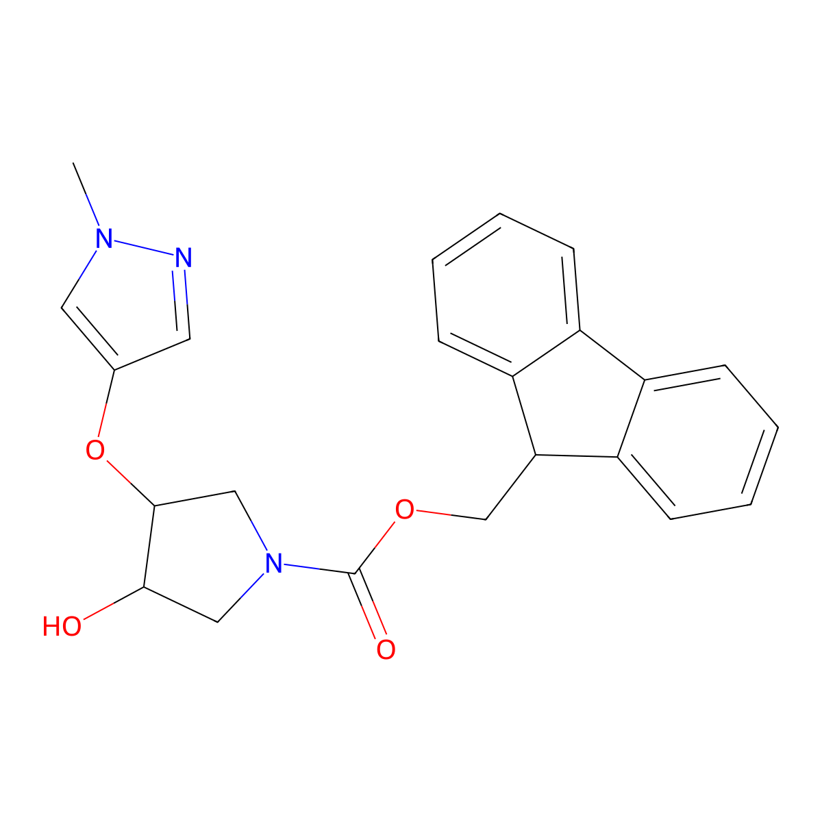 rac-(9H-fluoren-9-yl)methyl (3R,4R)-3-hydroxy-4-[(1-methyl-1H-pyrazol-4-yl)oxy]pyrrolidine-1-carboxylate molecular structure, CAS 2764011-87-0