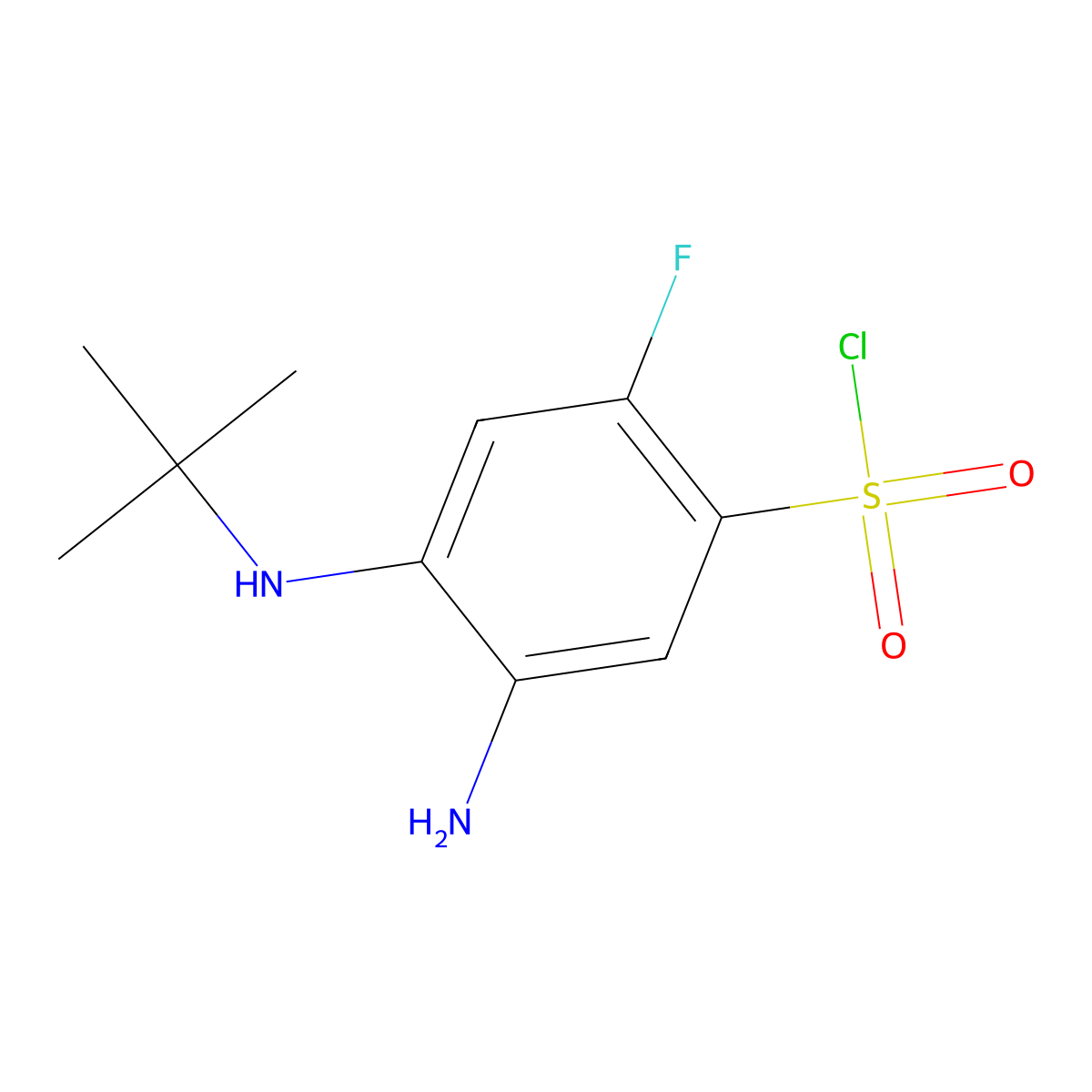 5-Amino-4-(tert-butylamino)-2-fluorobenzene-1-sulfonyl chloride molecular structure, CAS 2764012-02-2
