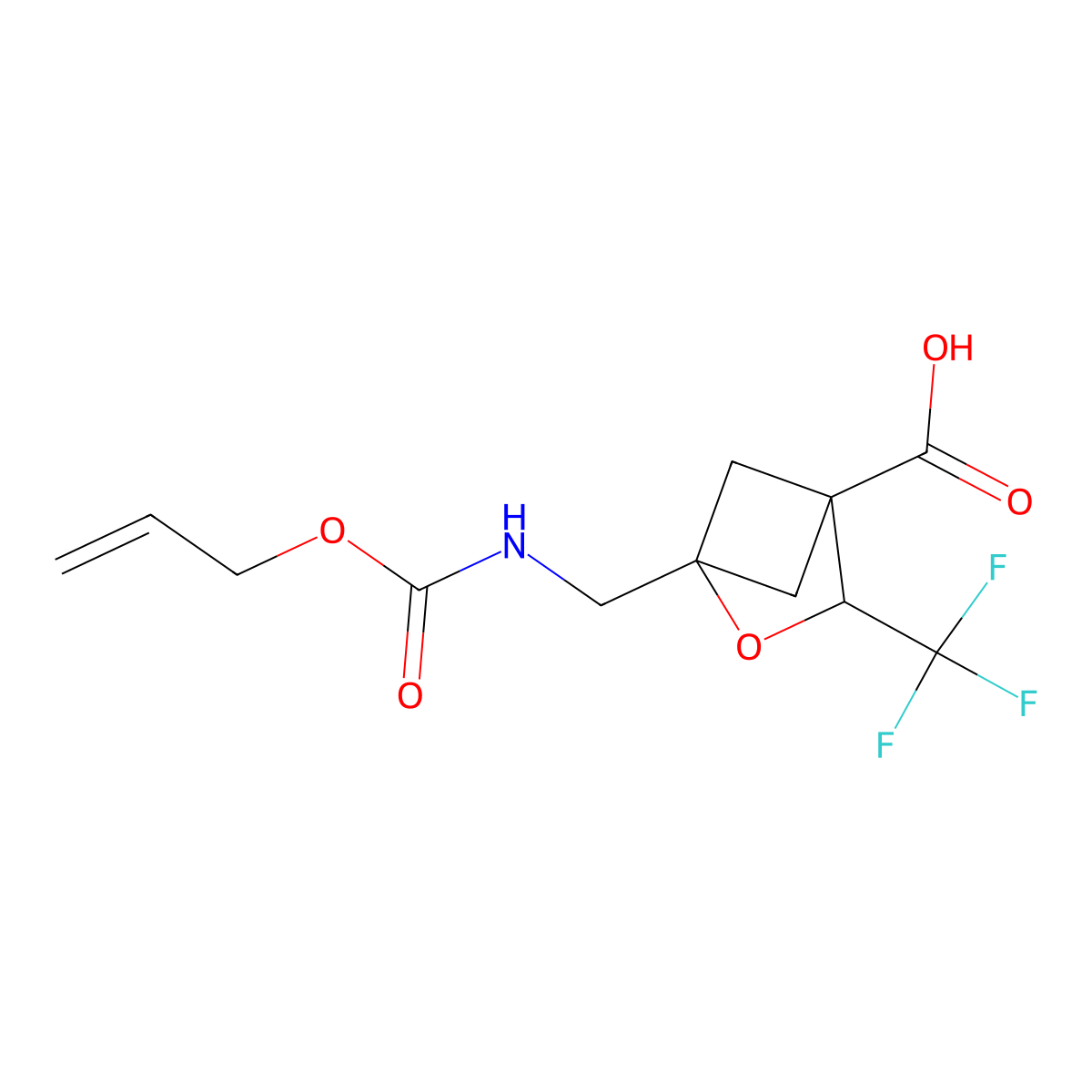 1-({[(Prop-2-en-1-yloxy)carbonyl]amino}methyl)-3-(trifluoromethyl)-2-oxabicyclo[2.1.1]hexane-4-carboxylic acid molecular structure, CAS 2764012-58-8