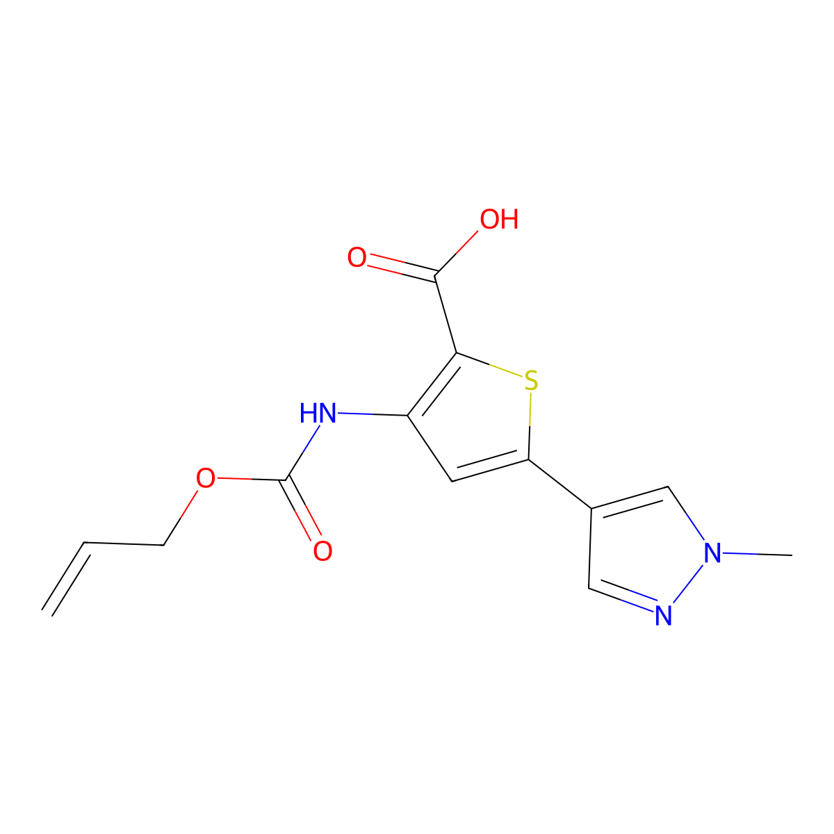 5-(1-methyl-1H-pyrazol-4-yl)-3-{[(prop-2-en-1-yloxy)carbonyl]amino}thiophene-2-carboxylic acid molecular structure, CAS 2764012-68-0