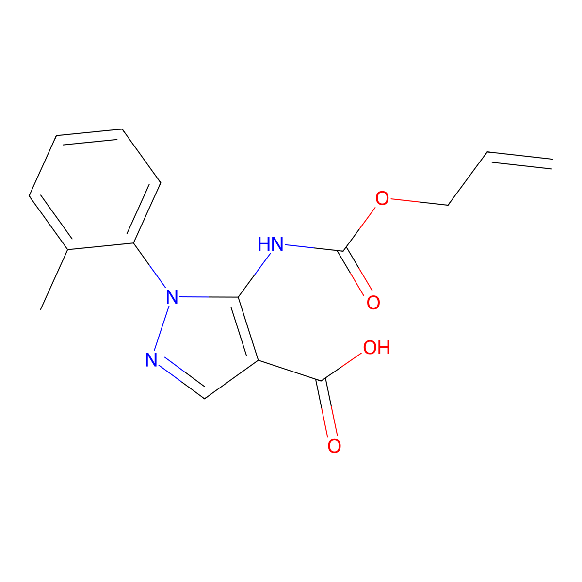1-(2-methylphenyl)-5-{[(prop-2-en-1-yloxy)carbonyl]amino}-1H-pyrazole-4-carboxylic acid molecular structure, CAS 2764012-86-2