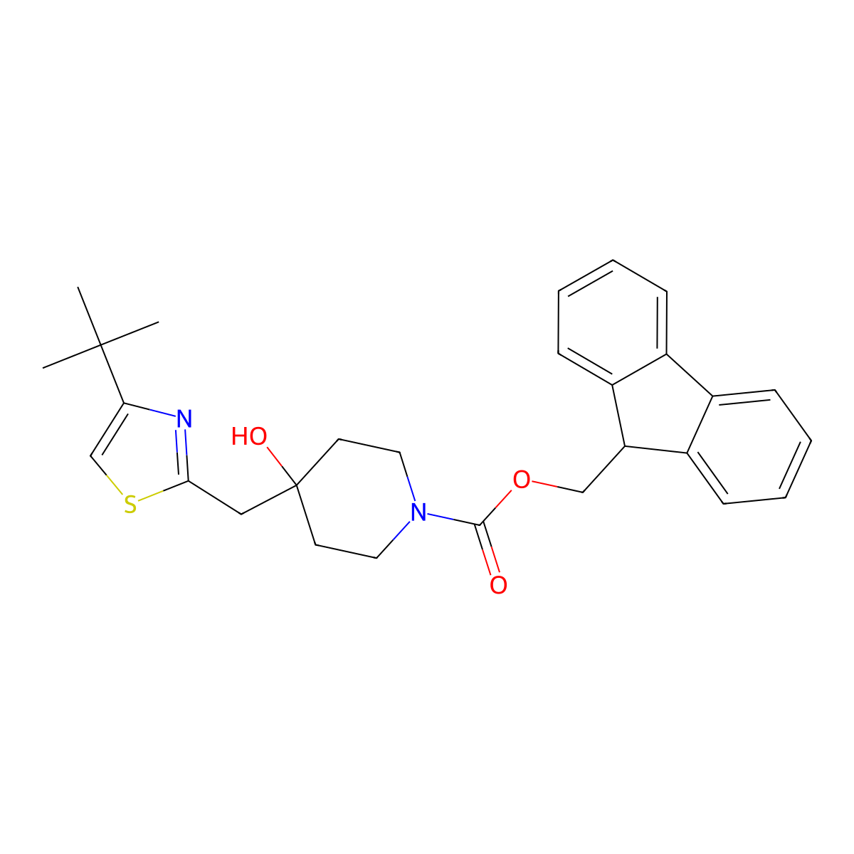 (9H-fluoren-9-yl)methyl 4-[(4-tert-butyl-1,3-thiazol-2-yl)methyl]-4-hydroxypiperidine-1-carboxylate molecular structure, CAS 2764013-61-6