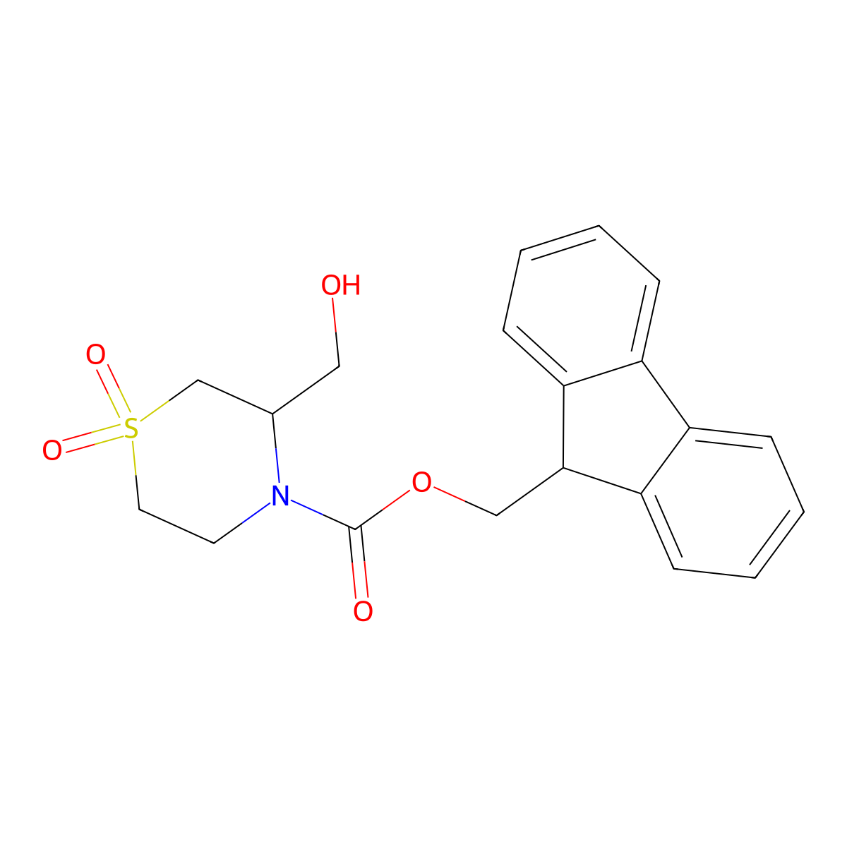 (9H-fluoren-9-yl)methyl 3-(hydroxymethyl)-1,1-dioxo-1lambda6-thiomorpholine-4-carboxylate molecular structure, CAS 2764013-62-7