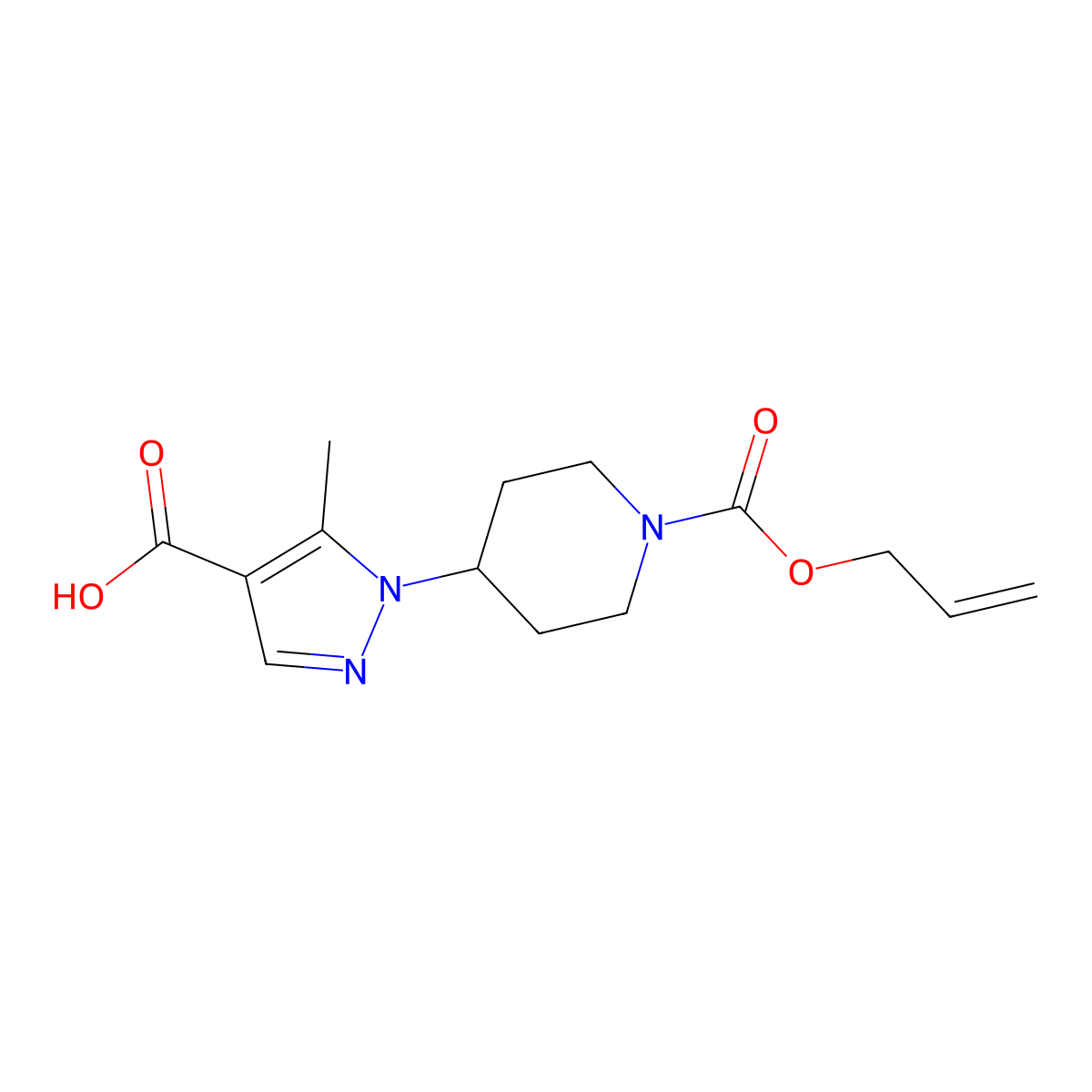 5-methyl-1-{1-[(prop-2-en-1-yloxy)carbonyl]piperidin-4-yl}-1H-pyrazole-4-carboxylic acid molecular structure, CAS 2764013-93-4
