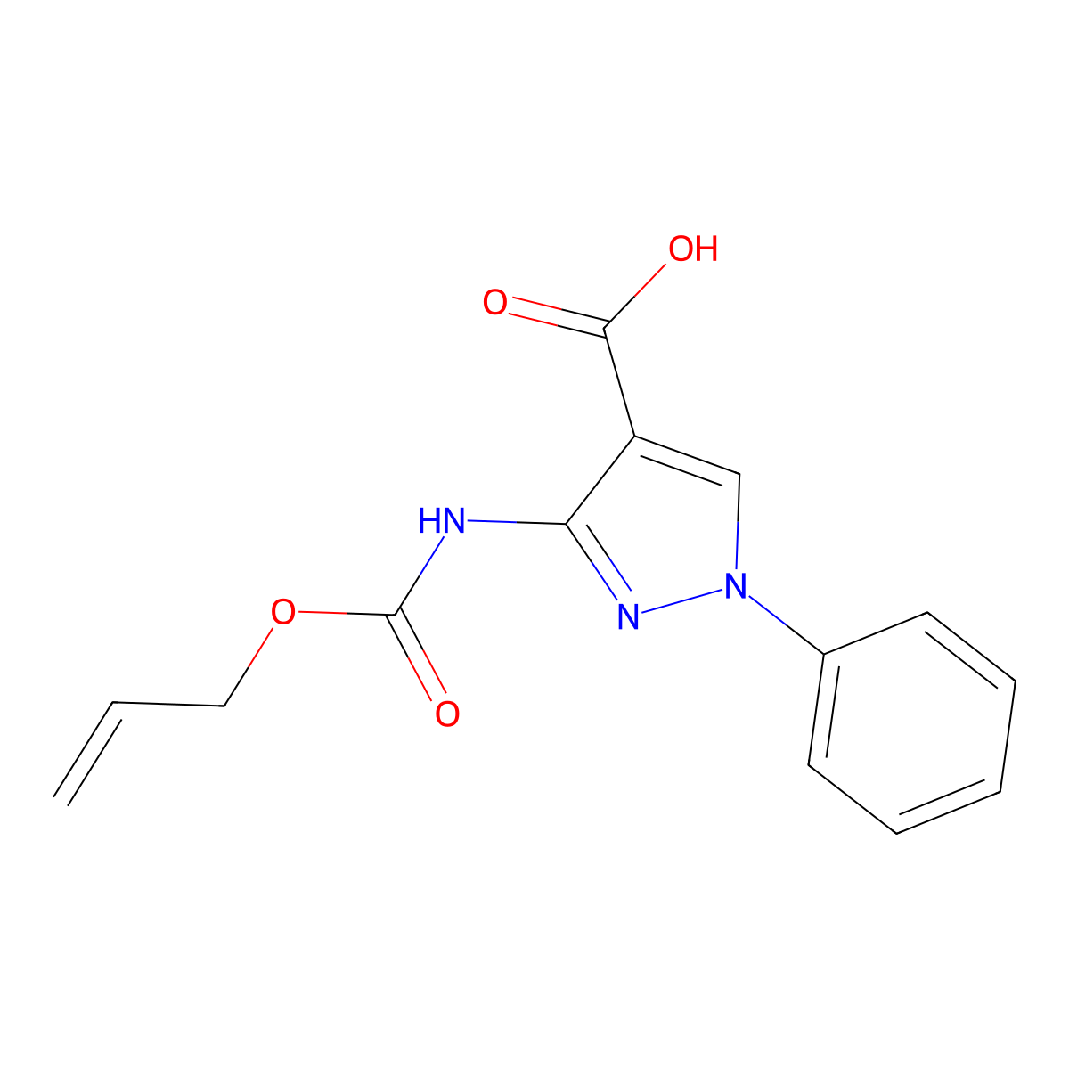1-phenyl-3-{[(prop-2-en-1-yloxy)carbonyl]amino}-1H-pyrazole-4-carboxylic acid molecular structure, CAS 2764014-10-8